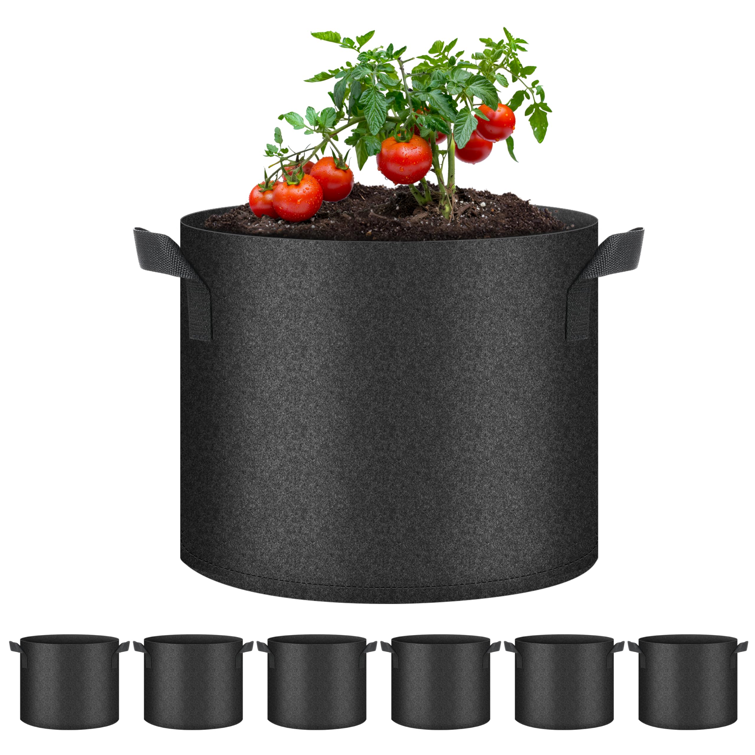 6 Pack Grow Bags, Nonwoven Aeration Fabric Pots with 5 Gallon Black 6 Pack