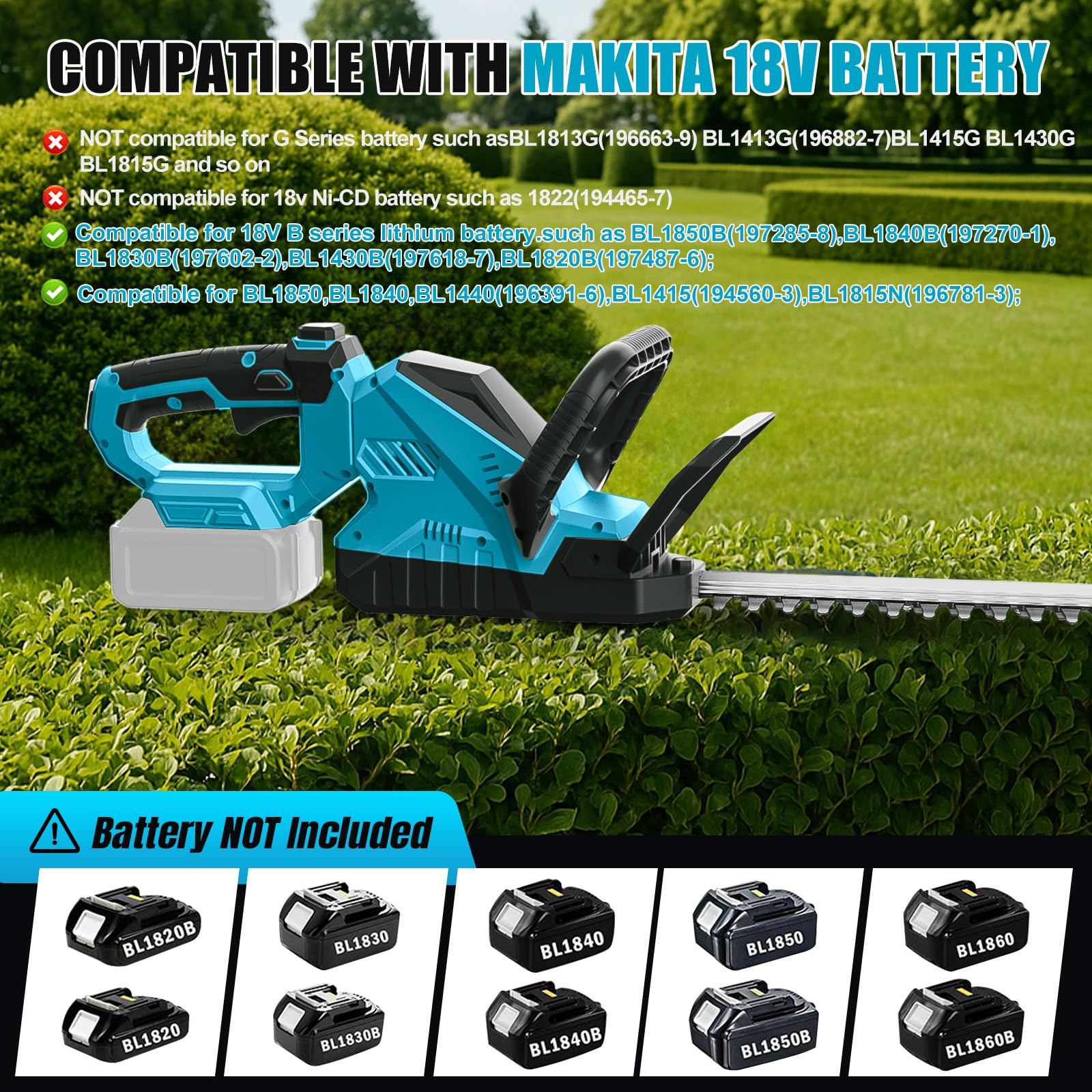 Cortasetos batería Compatible con Makita 18V batería (sin batería), Tijeras Cortasetos eléctrico sin escobillas de 3000RPM con Cuchilla de 52cm y Cabezal Giratorio de 180º | 3000 rpm, tijeras eléctricas para arbustos sin escobillas, con cabezal giratorio