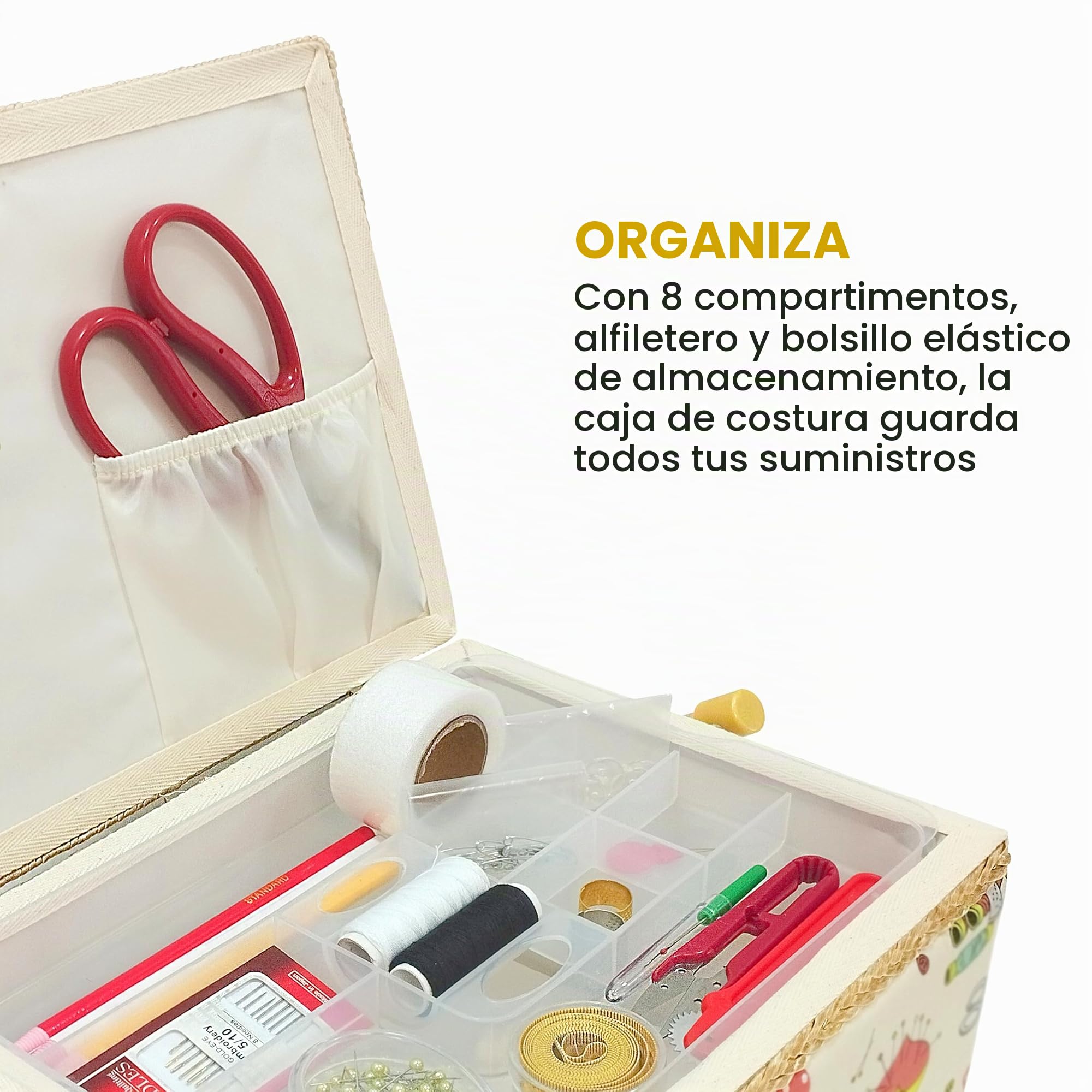 JYC CREATIVE Costurero Mediano de Madera con Accesorios, Caja de Costura Forrada en Tela con 8 Compartimentos, Organizador con Alfiletero, Caja con Asa, Bandeja para Accesorios, (Mediano, Máquina)