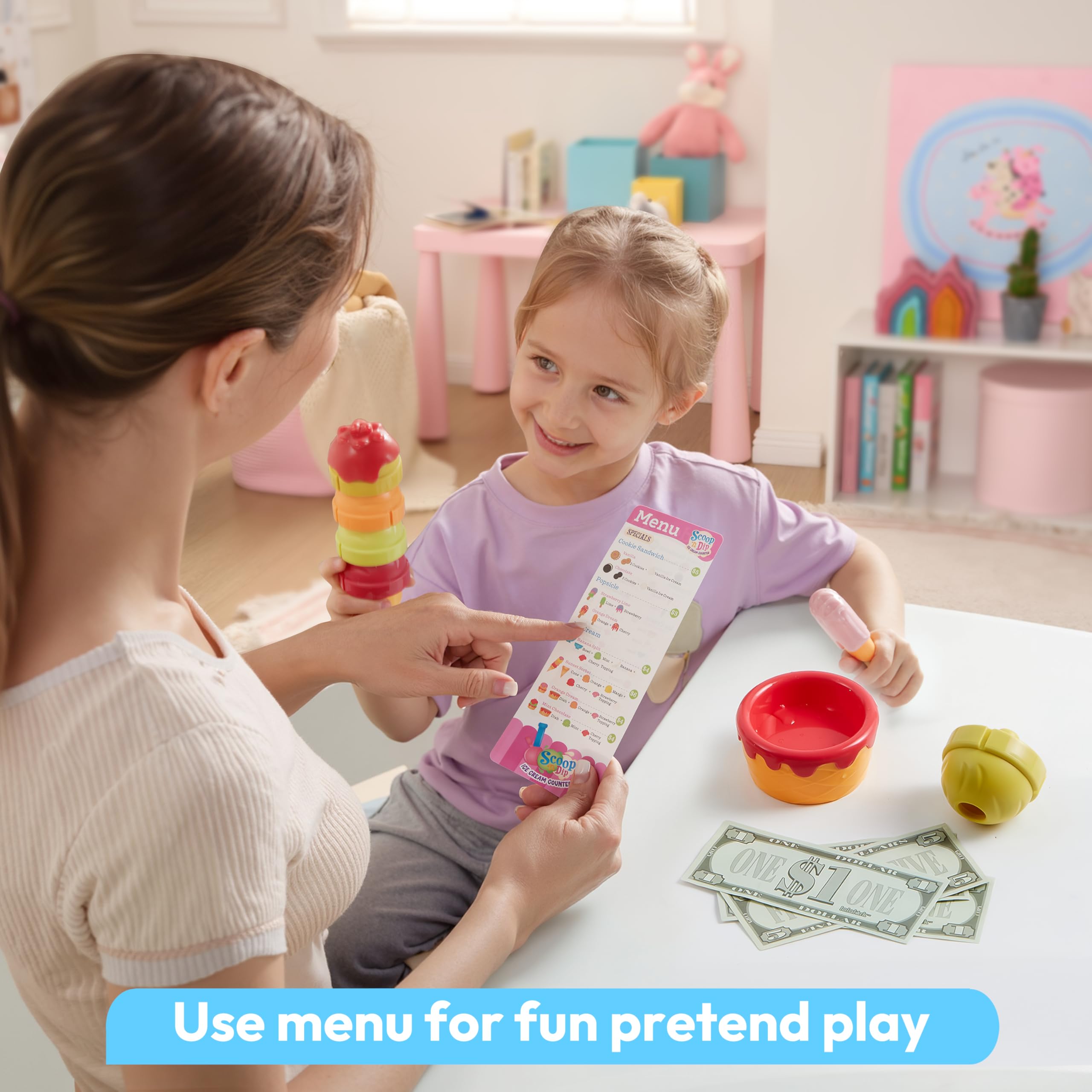 Ice Cream Play Food Pretend Toy for Role Play, Play Kitchen Accessories, Christmas Preschool Gifts for Girls Boys Kids Toddlers 3+