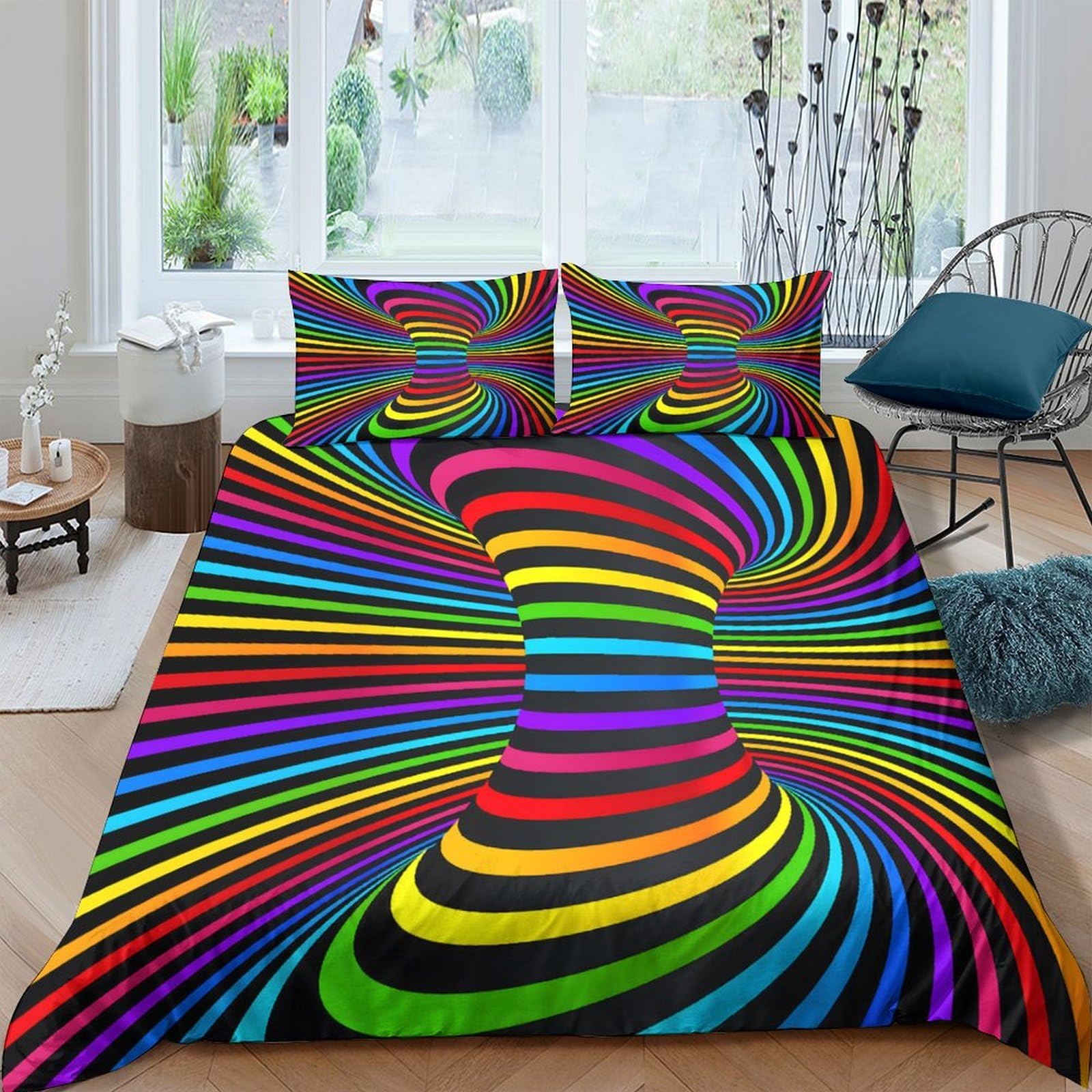Ctjqhvkz Style-2 3D Printed Rainbow Spiral Fitted Sheet Microfiber Soft Multicolour Optical Illusion Bed Cover For Bedroom Guest Room Dorm Decor Single（135X200cm）