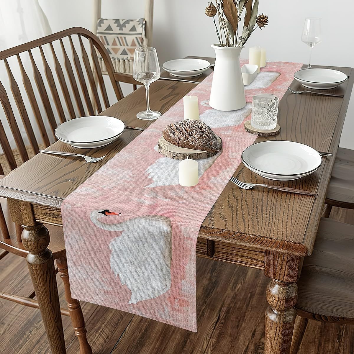 Erosebridal Pink Swan Table Runner Coquette Swan Table Runners Romantic Zwaan Waterfowl Rectangular Runner for Home Party Decor Watercolor Aesthetic Dresser Runners,13x120 Inch