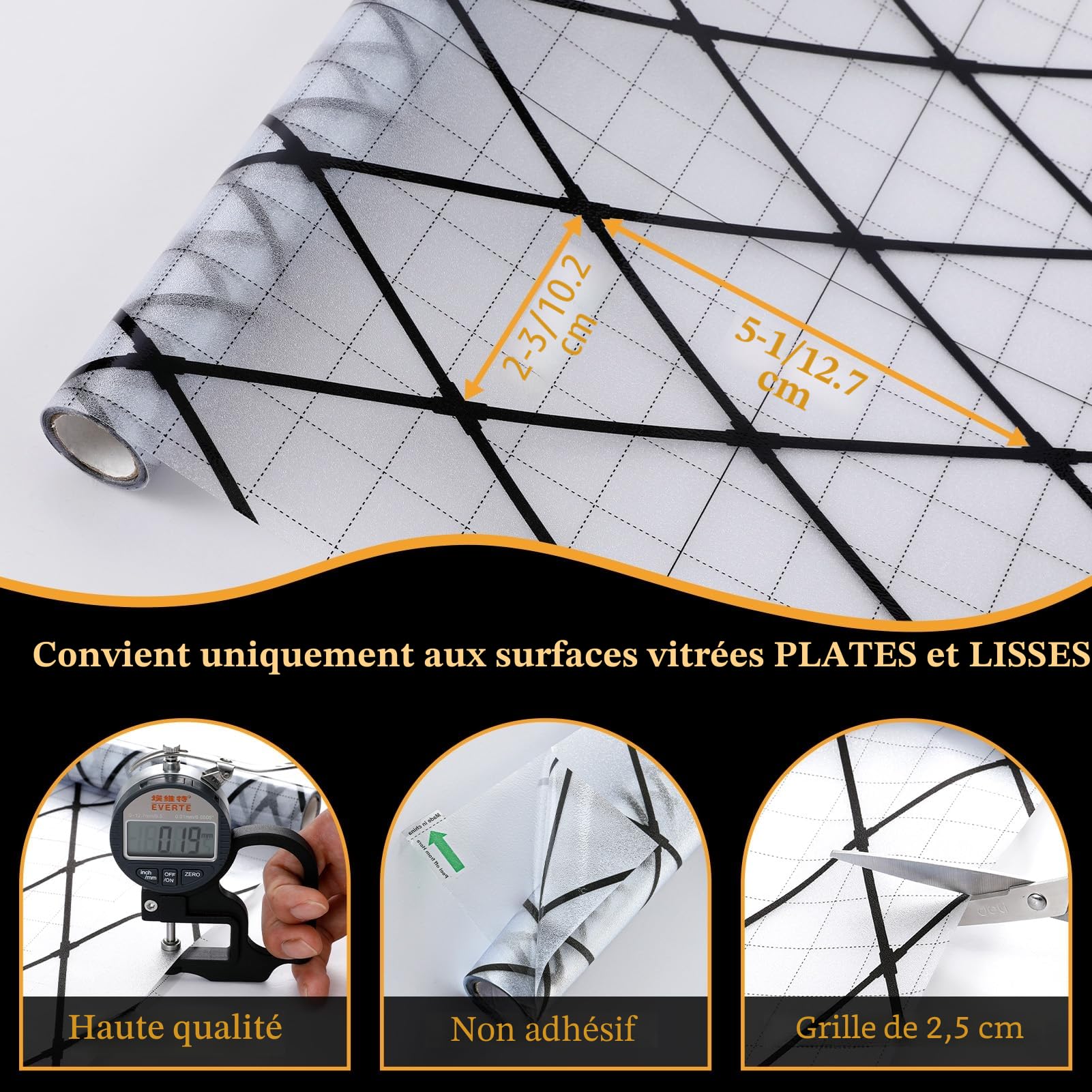 Film Dépoli pour Vitre à Treillis Noir, Film Intimité, 90x400cm | Film de Vitrage Dépoli Répositionnable, Film Décoratif pour Vitre, Électrostatique, Anti-UV pour Maison, Bureau