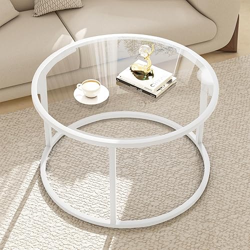 Miniatura 7 de Mesa de café redonda, pequeña mesa de café negra para sala de estar, mesa central moderna de 27" con tapa de vidrio transparente y marco de metal