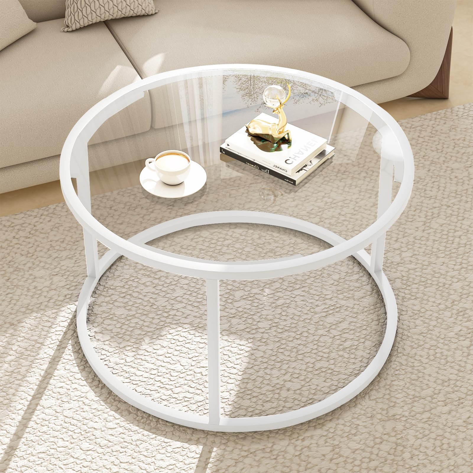 Round Glass Coffee Table for Living Room Minimalist Modern Center Table with Metal Frame for Small Space Easy