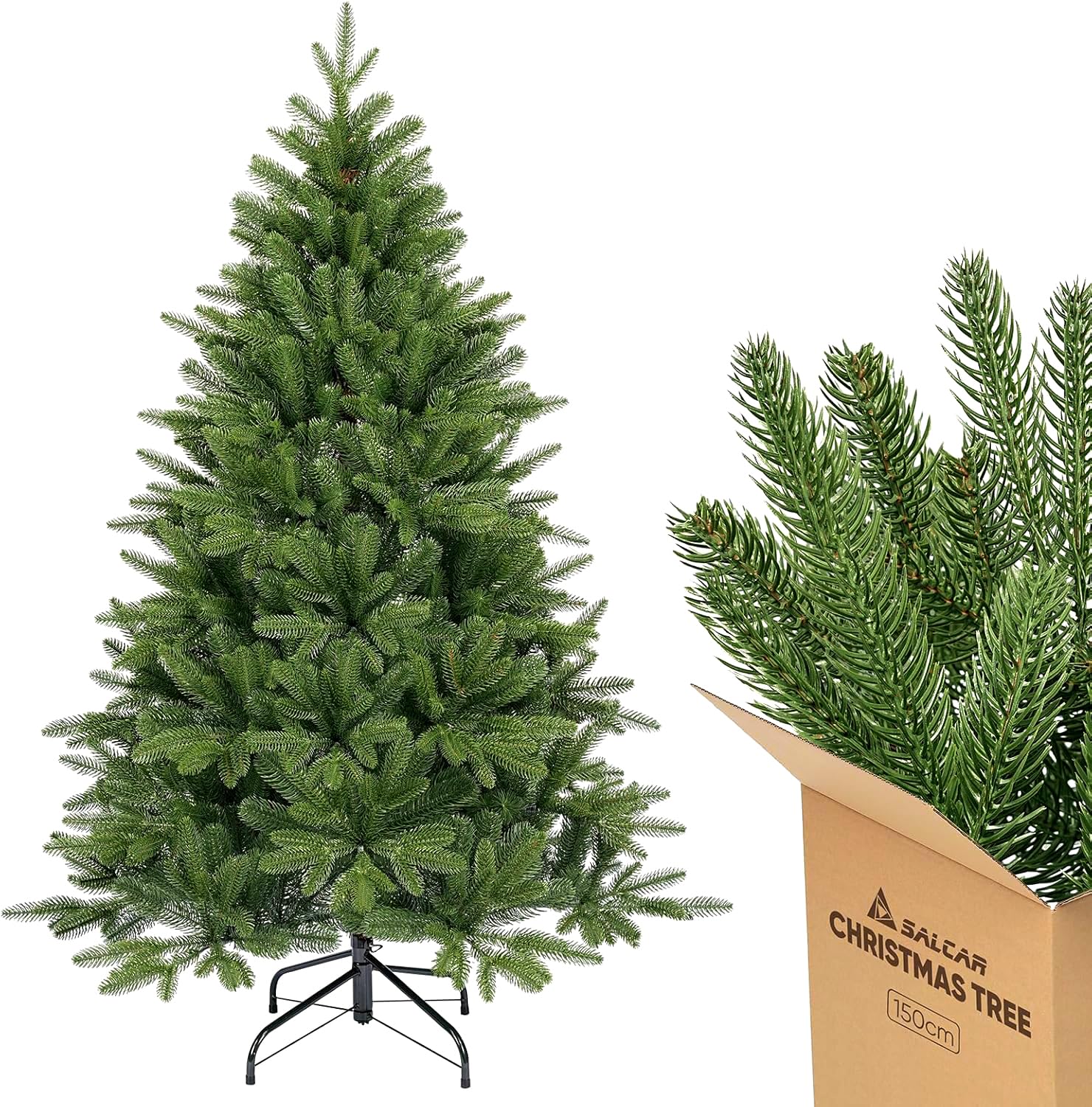 SALCAR Sapin de Noël Artificiel Premium 150 cm – Nordmann en 100% PE Vert Naturel | Couleur et Forme Stables | sans Odeur | sans Perte d’Aiguilles