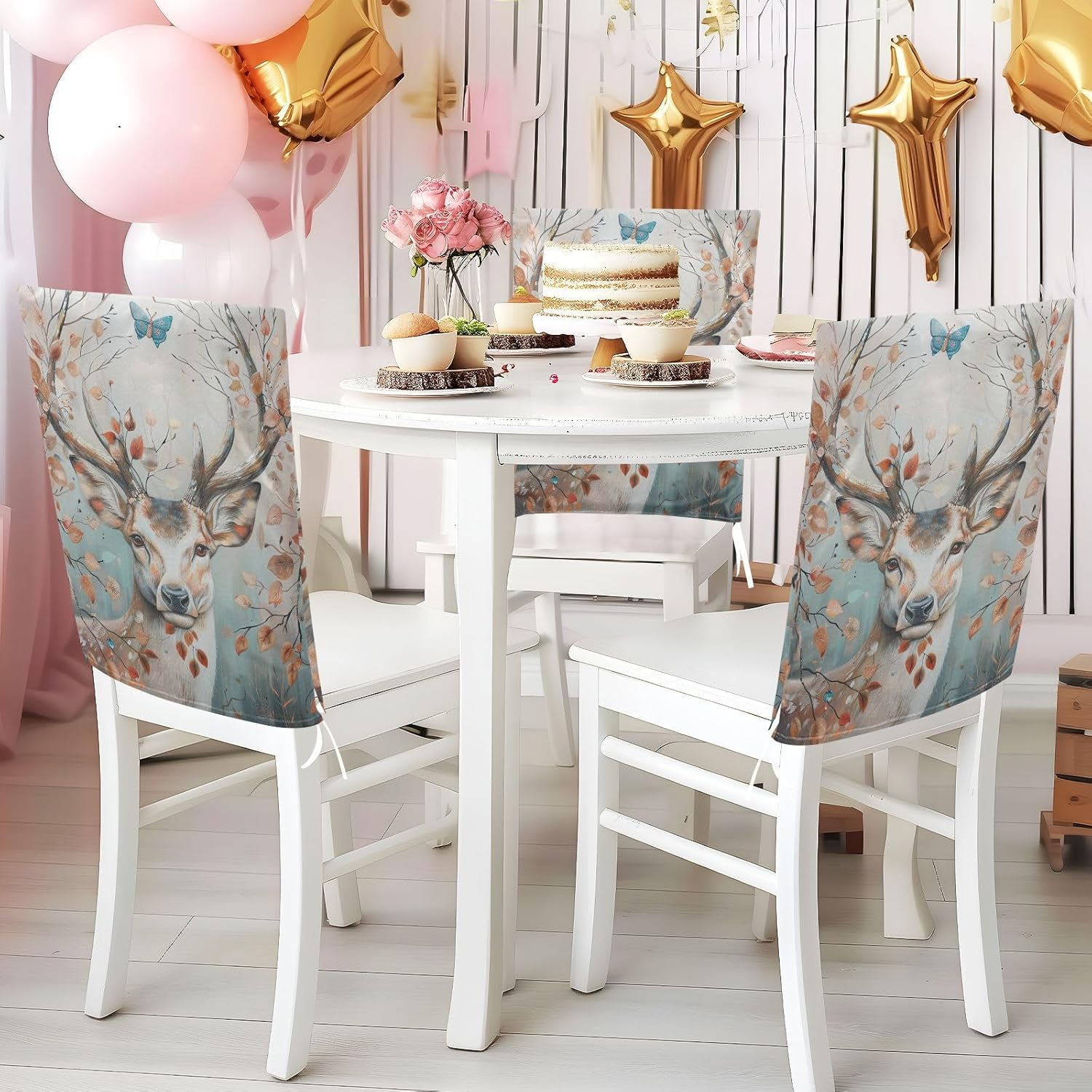 ALAZA Deer Leafs Branches Butterfly Chair Back Cover Set of 6, Washable Reusable Removable Chair Slipcovers Decorative Chair Cover for Home Kitchen Wedding Party