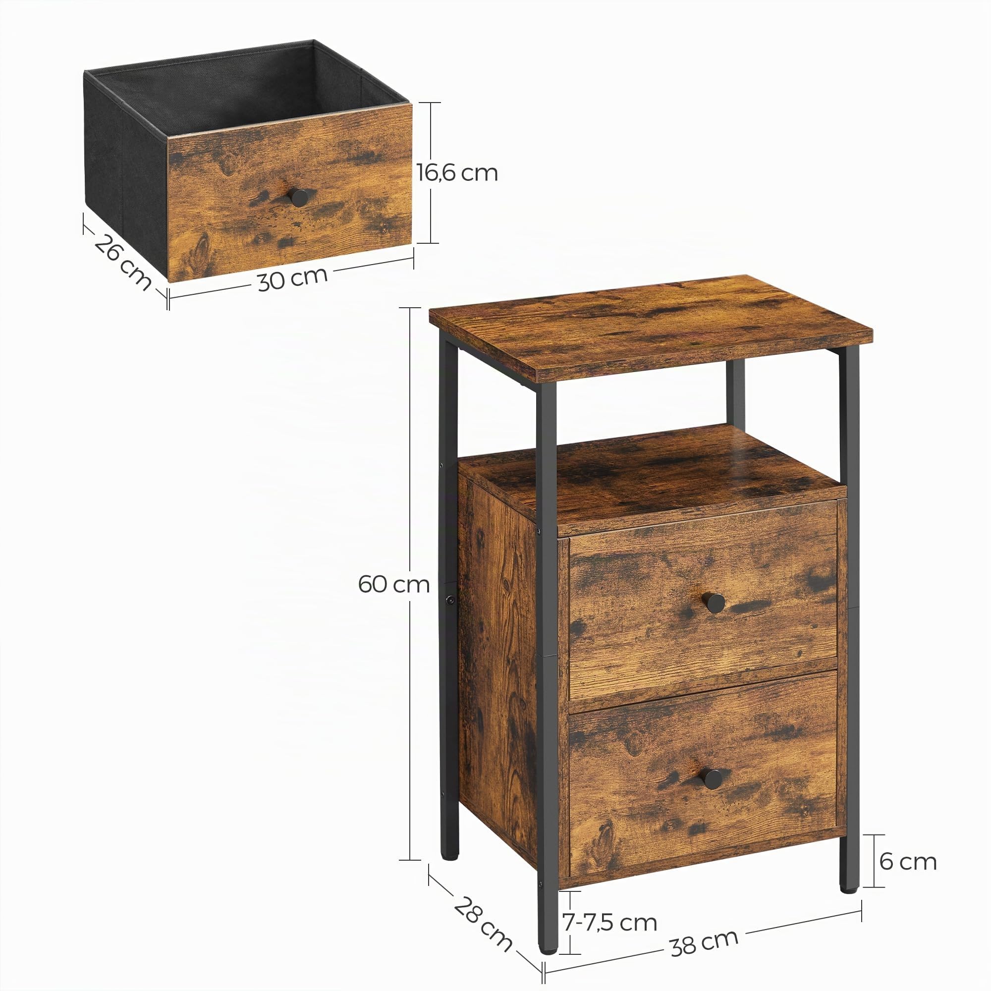 VASAGLE Comodino, Tavolino, Cassettiera con 2 Cassetti, Stile Industriale, per Camera da Letto e Soggiorno, Marrone Vintage e Nero LET521B01