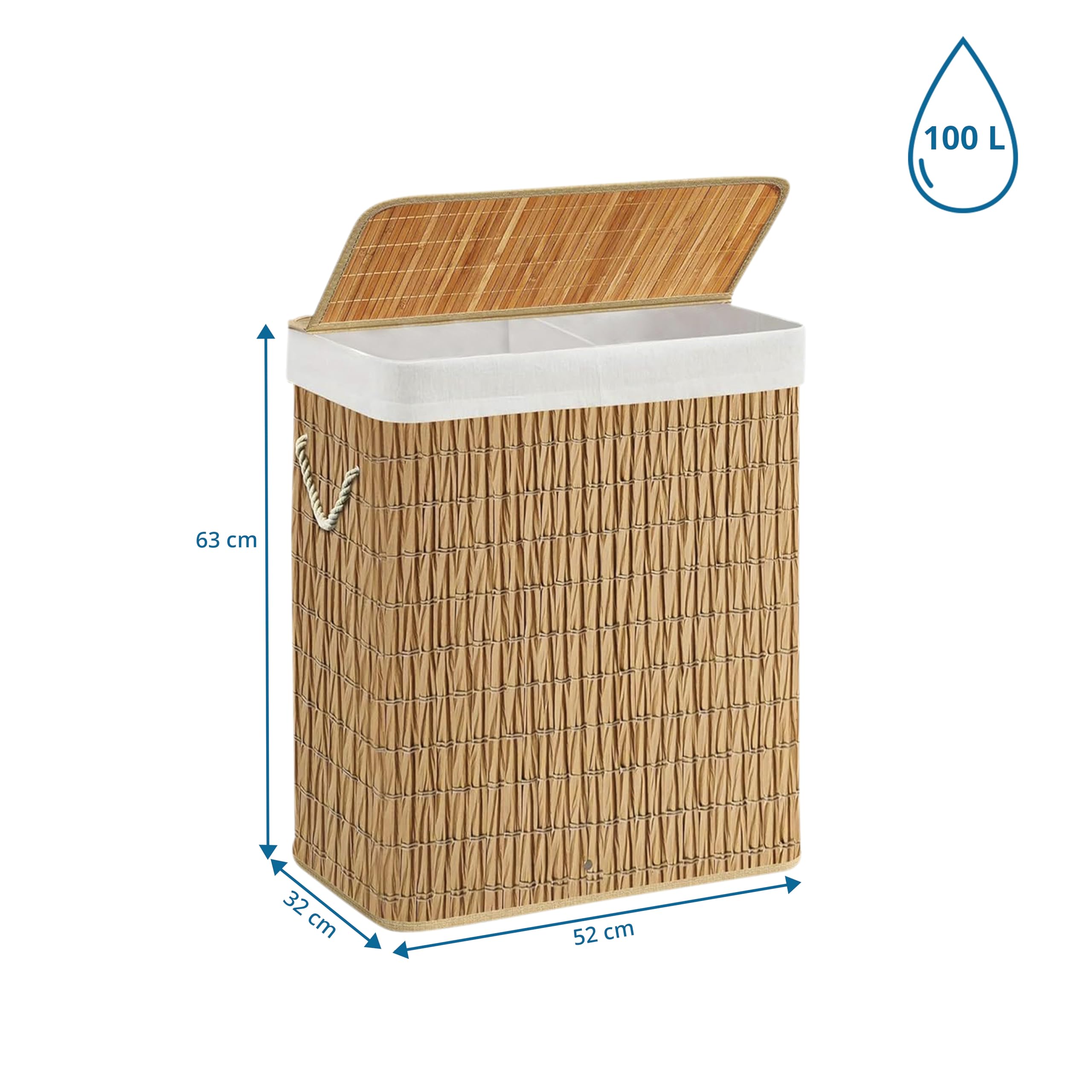 Wäschekorb 2 Fächer FALSTER XL R, 100 L Wäschesammler mit Deckel, Wäschebox Rattan mit Griffen, praktische Faltfunktion, Braun