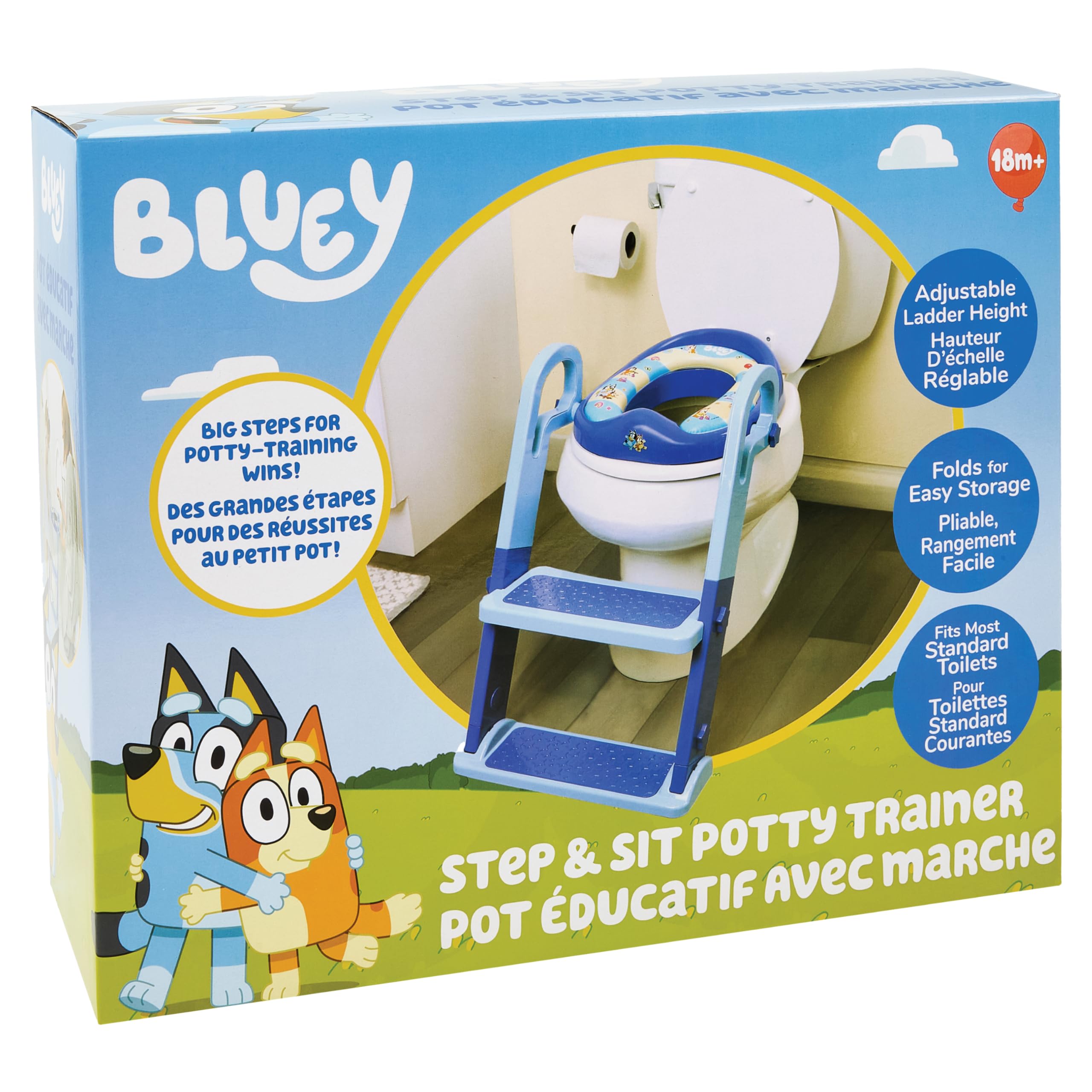 Bluey Step & Sit Töpfchentrainer; sichere Leiter für kindersichere Kletterungen zum Töpfchen; lustige blaue Bilder auf gepolstertem Töpfchensitz; verstellbare Leiterhöhe; abnehmbarer Sitz zur