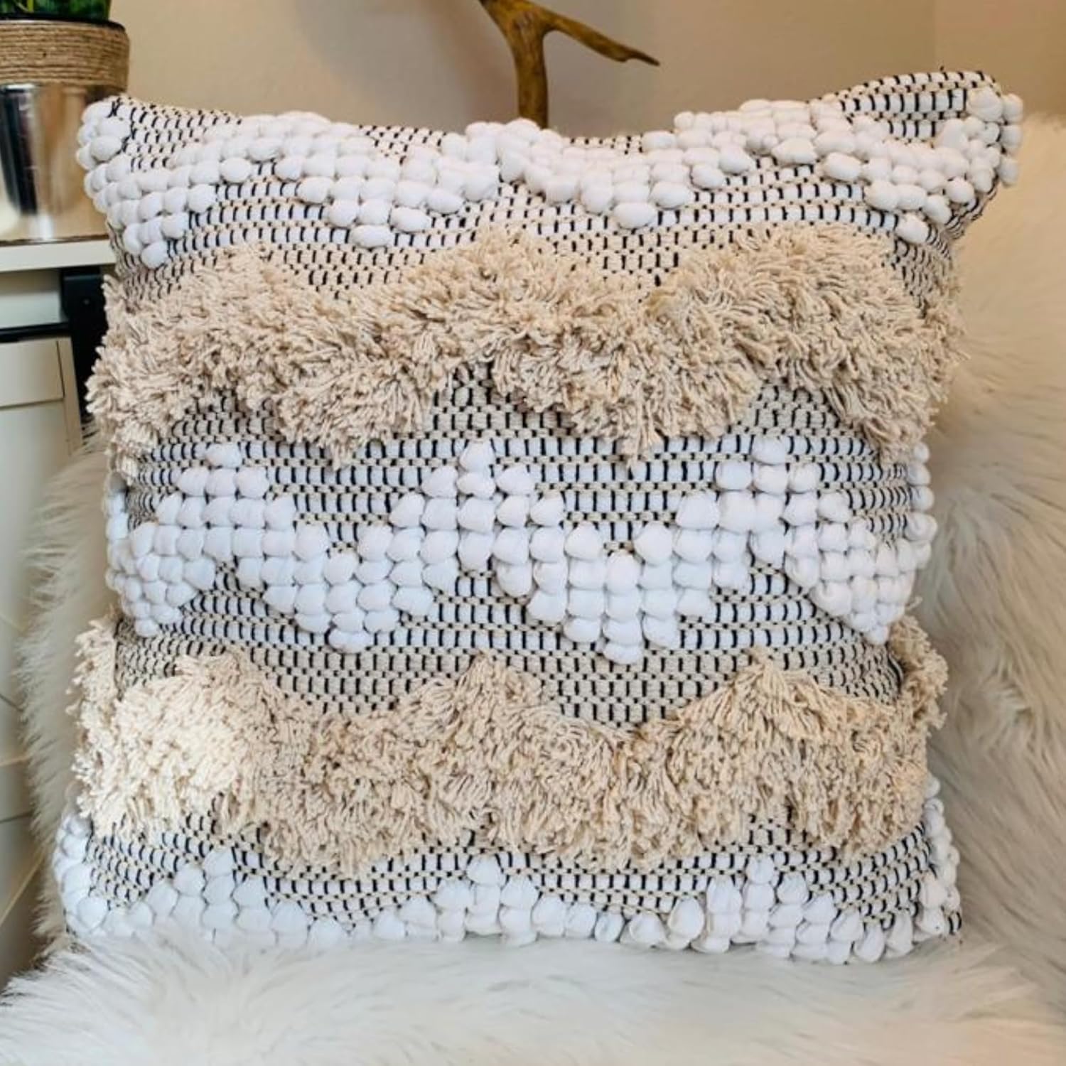 Decorative Boho-Chic Lumbar Pillow Cover 12x20 Premium Handwoven Tufted Cotton &Wool Accent Pillows, Earthy Color Throw Cushion, Farmhouse & Bohemian Home Decor (Limited Edition Cover Only)