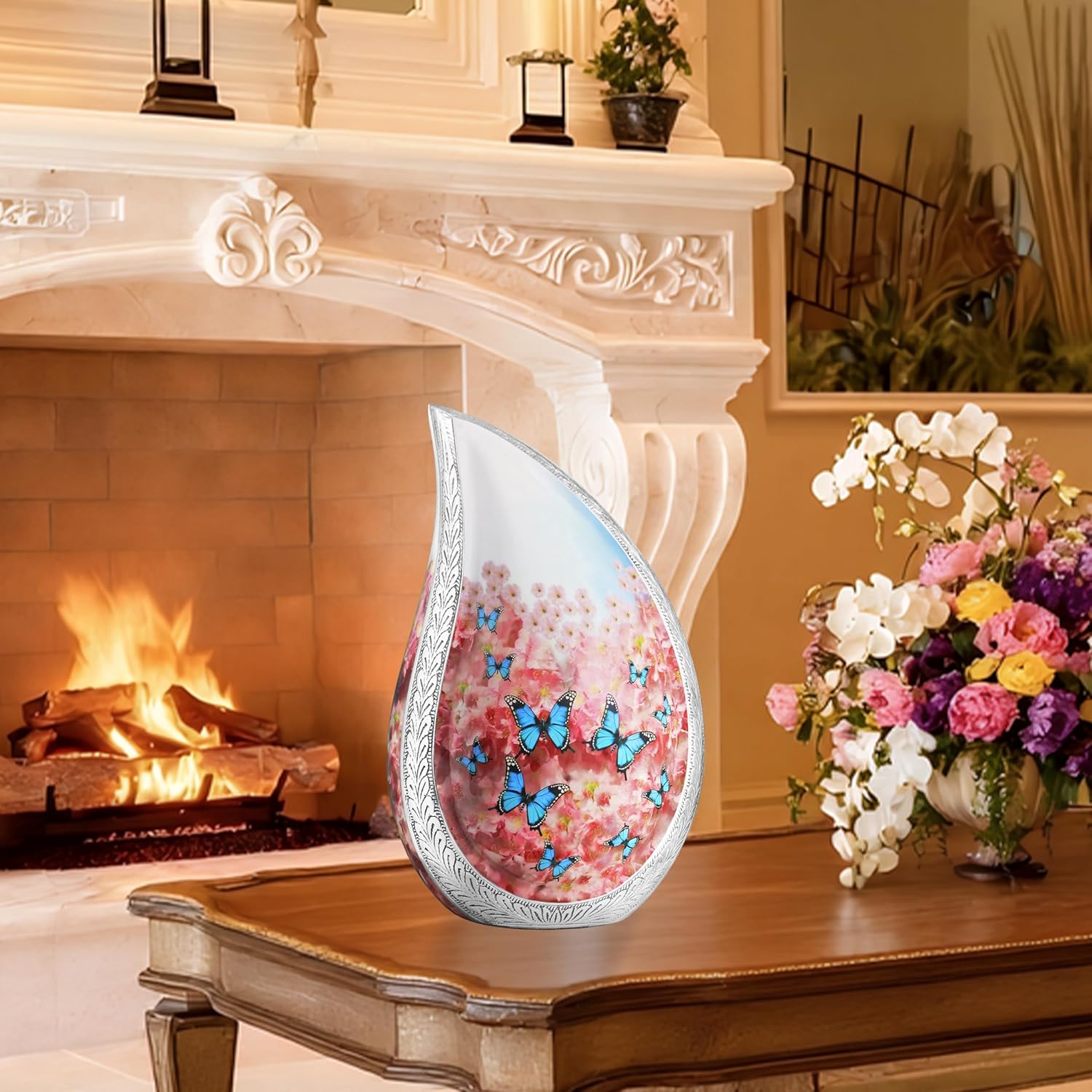 Urn for Ashes for Women & Male, Cremation Urns for Human Ashes Adult Female or Men, Funeral Decorative Tear Drop Urns, Burial Urn, Blue Butterfly & Pink Flower - Large Teardrop - Image 7