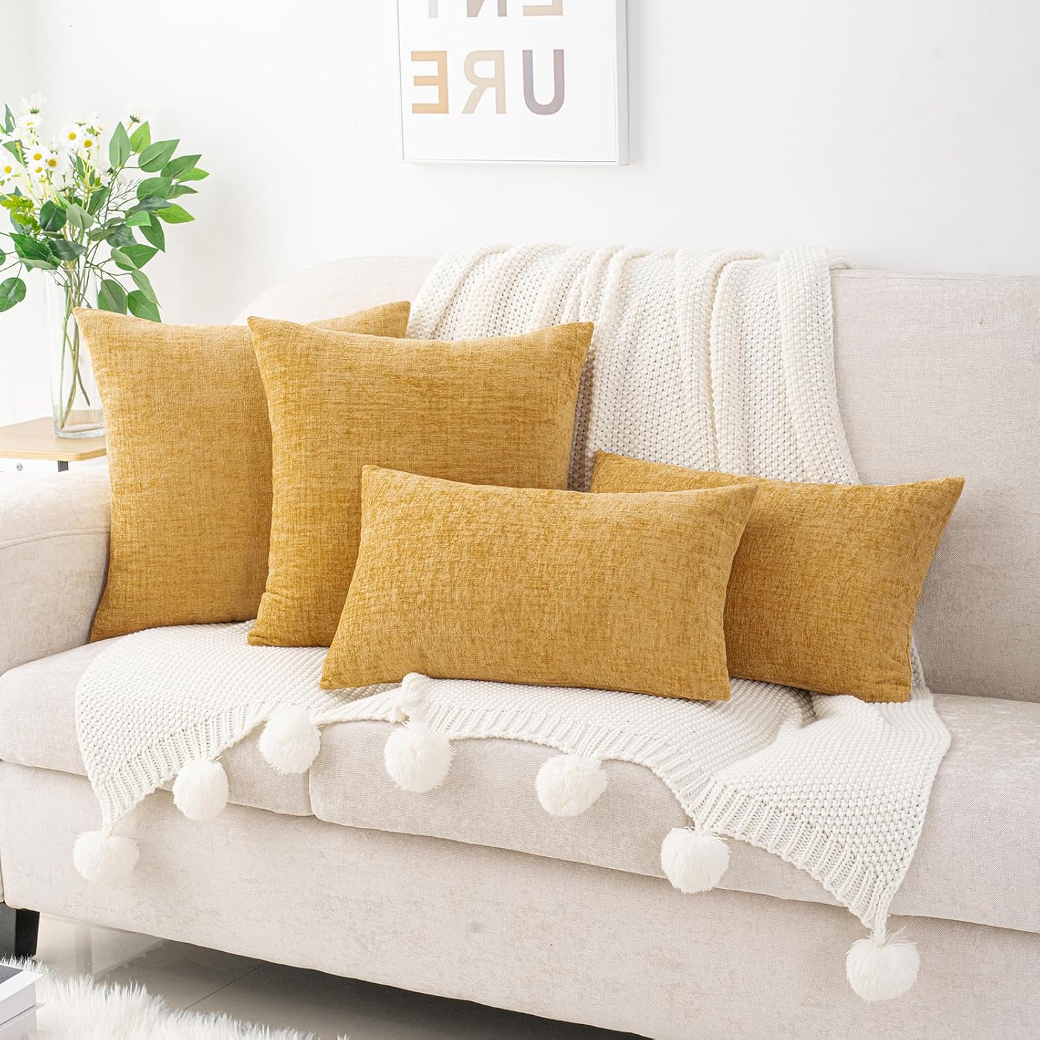 HWY 50 Gold Couch Pillow Covers 22x22 Inch Pack of 2, Soft Chenille Decorative Throw Pillow Cases Farmhouse for Sofa Living Room Bed