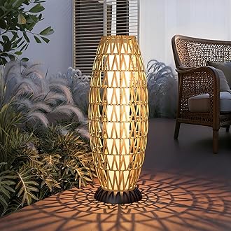Solar Yard Outdoor Solar Lamp Woven Wicker Boho Lantern Floor Lamp, Decoration for Garden, Deck, Yard, Pathway, Oslo
