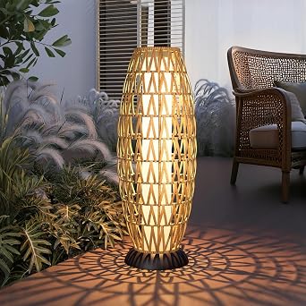 Solar Yard Outdoor Solar Lamp Woven Wicker Boho Lantern Floor Lamp, Decoration for Garden, Deck, Yard, Pathway, Oslo
