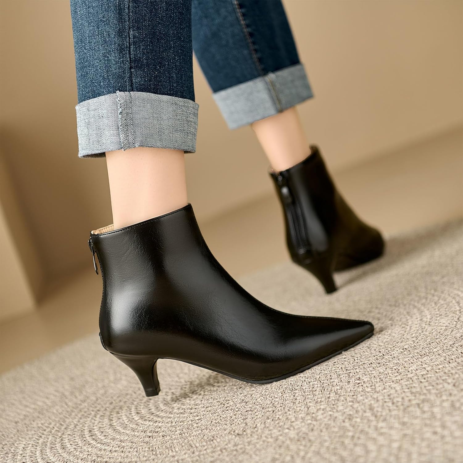 SHEMEE Fashion Womens Kitten Heels Ankle Boots Sexy Pointy Toe Booties Mid Heels Zipper Work Party Dress Shoes