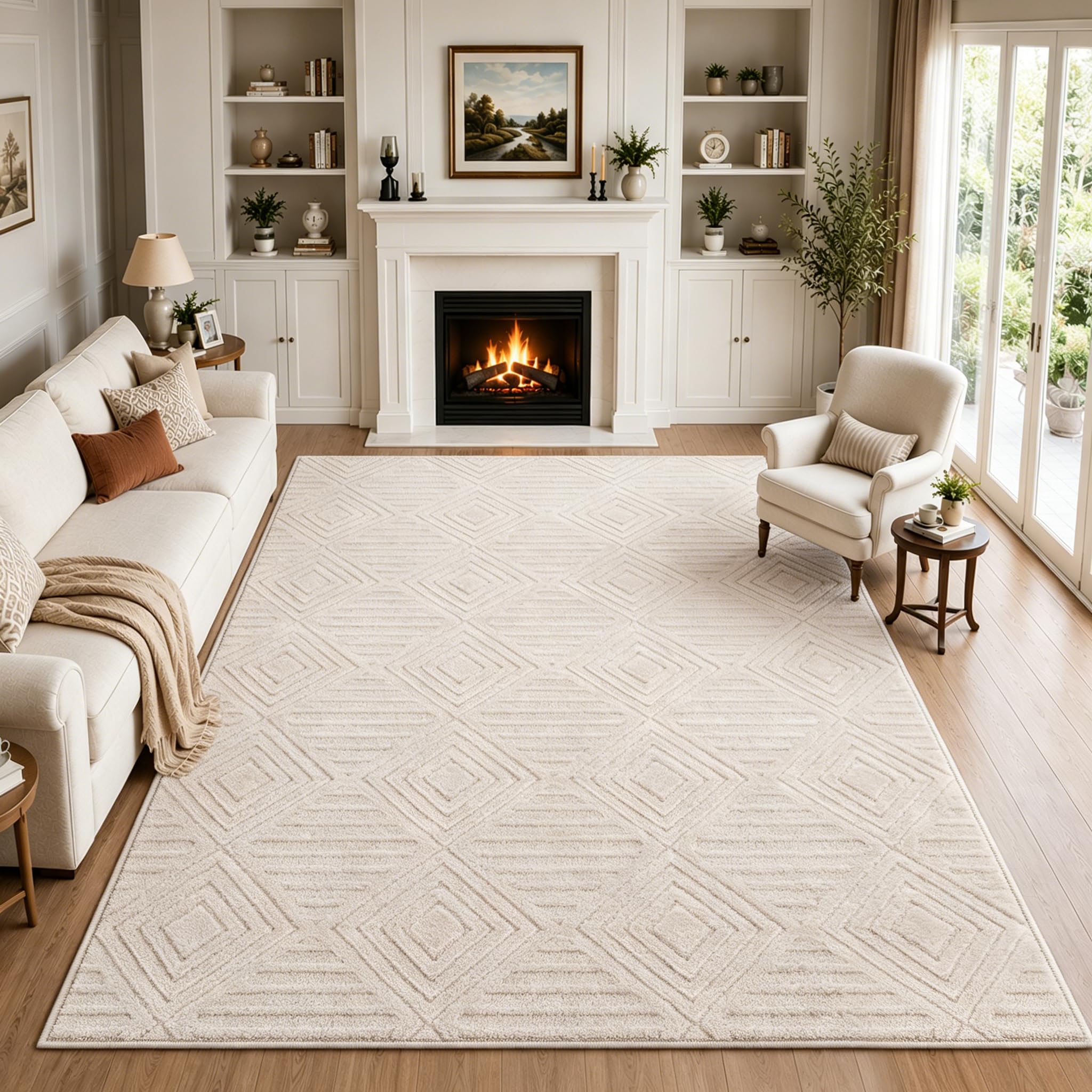 Capslapd Washable Rugs Living Room 160x230cm Non-Slip Large Fluffy Geometric Rug High Low Effect Modern Design Carpet High Pile Bedside Area Rug for Bedroom Dining Room Office Lounge Decor,Beige — image 1