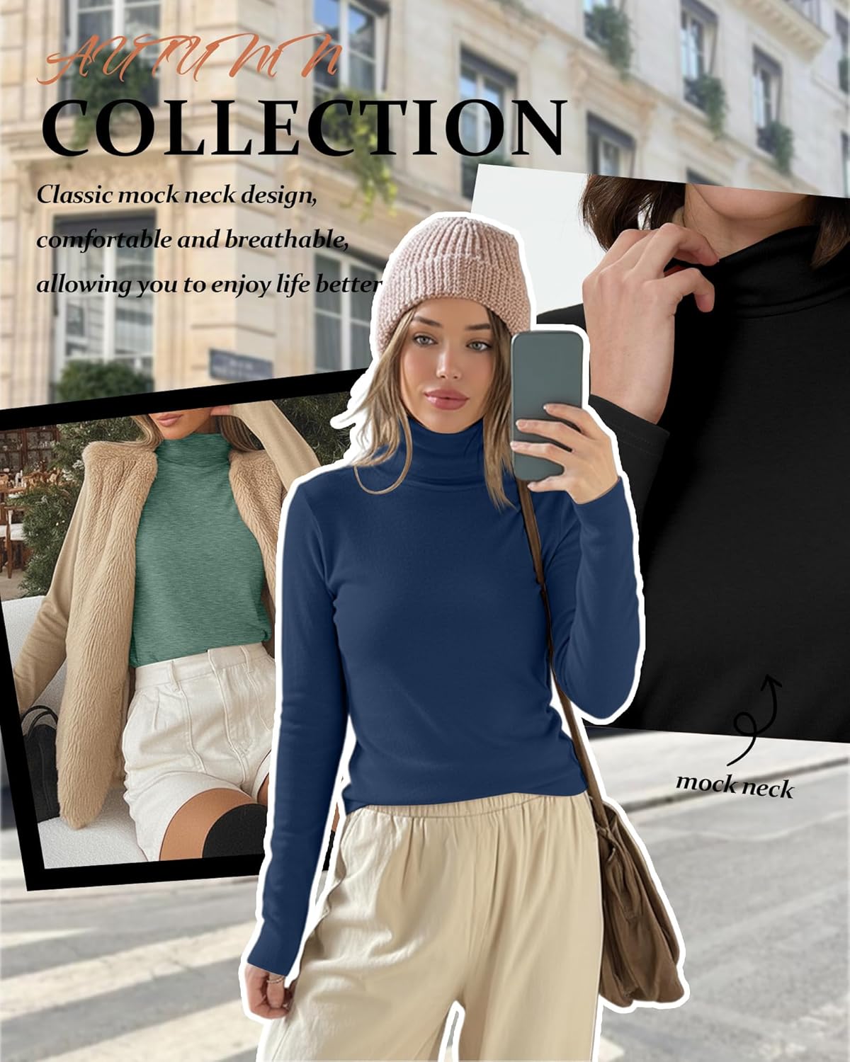 4 Pack Women's Turtleneck Cotton Long Sleeve Tops Casual Loose Fit Shirts Basic Tunic Trendy Undershirt Tee