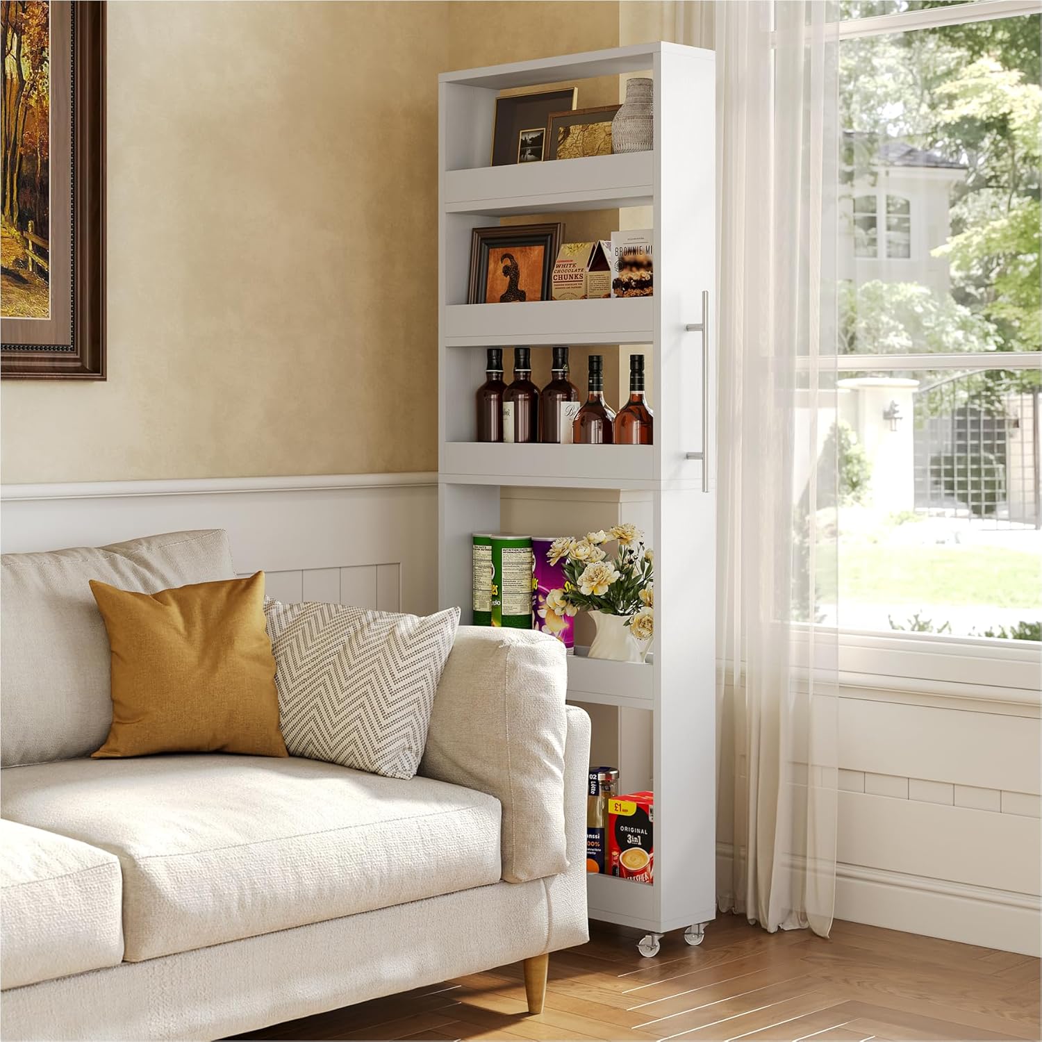 LITTLE TREE 63-Inch Slim Storage Cart on Wheels, 5-Tier Tall Narrow Mobile Shelf Organizer, Rolling Utility Cart with Metal Handle for Kitchen, Dining Room, Small Spaces, White