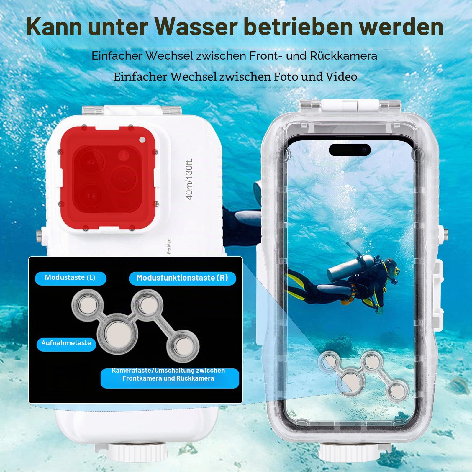 PULUZ wasserdichte Schutzhülle für iPhone 15/14/13/12/11 Pro Max 6.7 Zoll, 40 m Foto Video Hülle Unterwassergehäuse zum Tauchen Schnorcheln handyhülle, Surfen, (Nicht für ISO 26 System)
