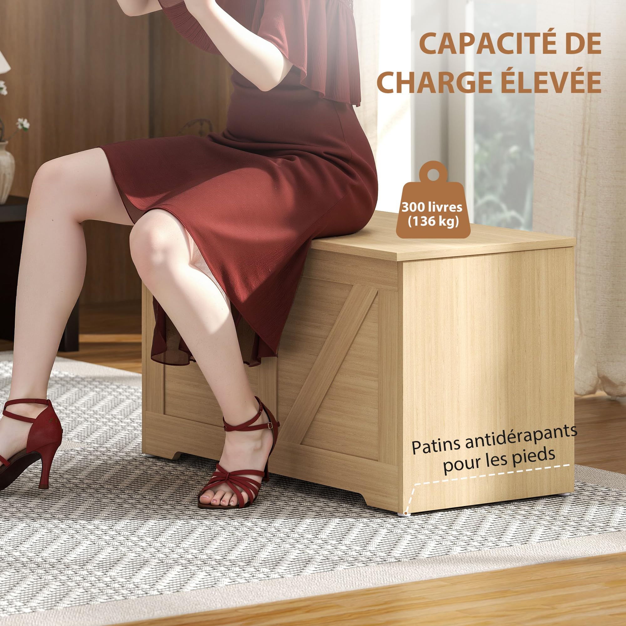 HOMCOM 100L Baúl con bisagra de Seguridad 80x40x45 cm Madera Natural | Baúl zapatero, tirador en U, caja para mantas, recibidor dormitorio sala de estar entrada