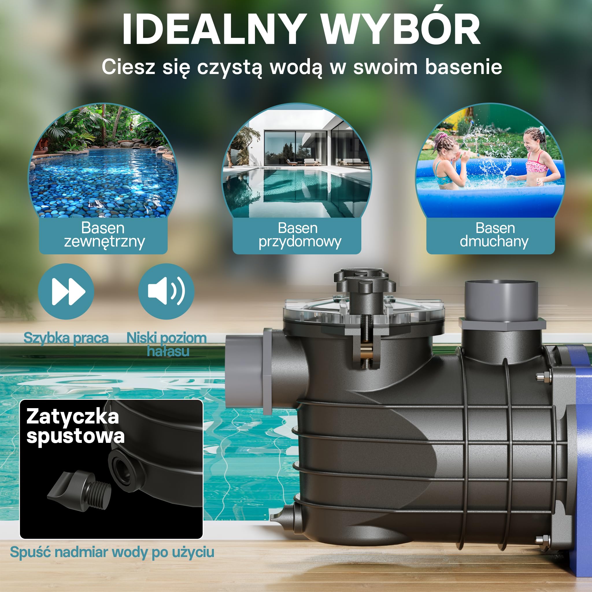 WilTec Pompa basenowa 10800 l/h, 180 W cicha pompa filtrująca i cyrkulacyjna, skuteczna pompa wodna do basenu, trwała i antykorozyjna konstrukcja