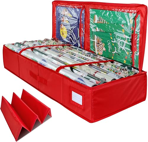 Contenedor de almacenamiento de papel de regalo, bolsa de almacenamiento de regalo de Navidad con bolsillos interiores y cartón, bolsas