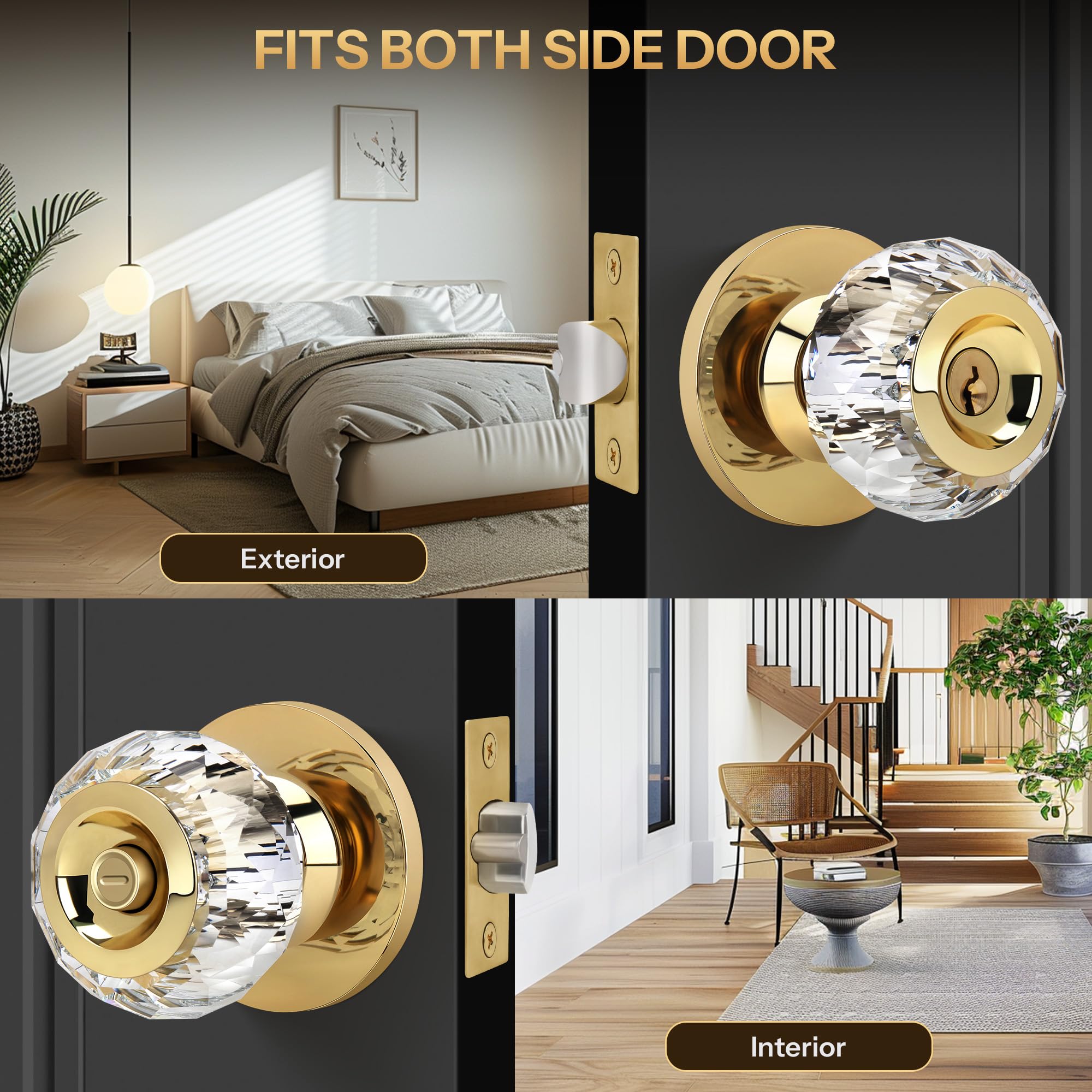 Crystal Door Knobs with Lock - Elegant Gold Design -5