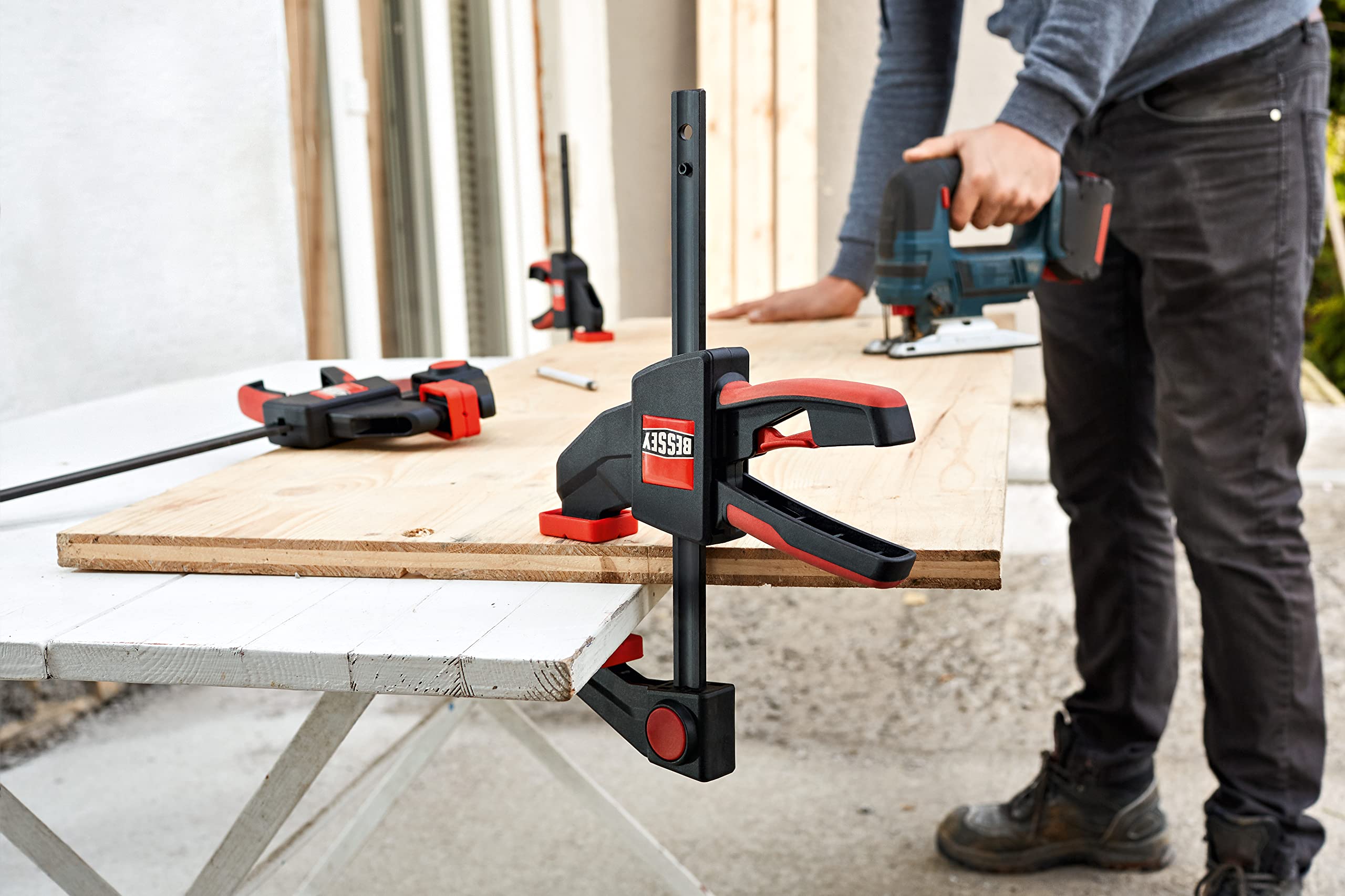 BESSEY Serie EHK - Prensa monomanual, fuerza de sujeción de 136 kg, 91 cm, abrazadera de gatillo EHKL36, 8 cm de profundidad de garganta, para madera, carpintería, mejoras del hogar, bricolaje