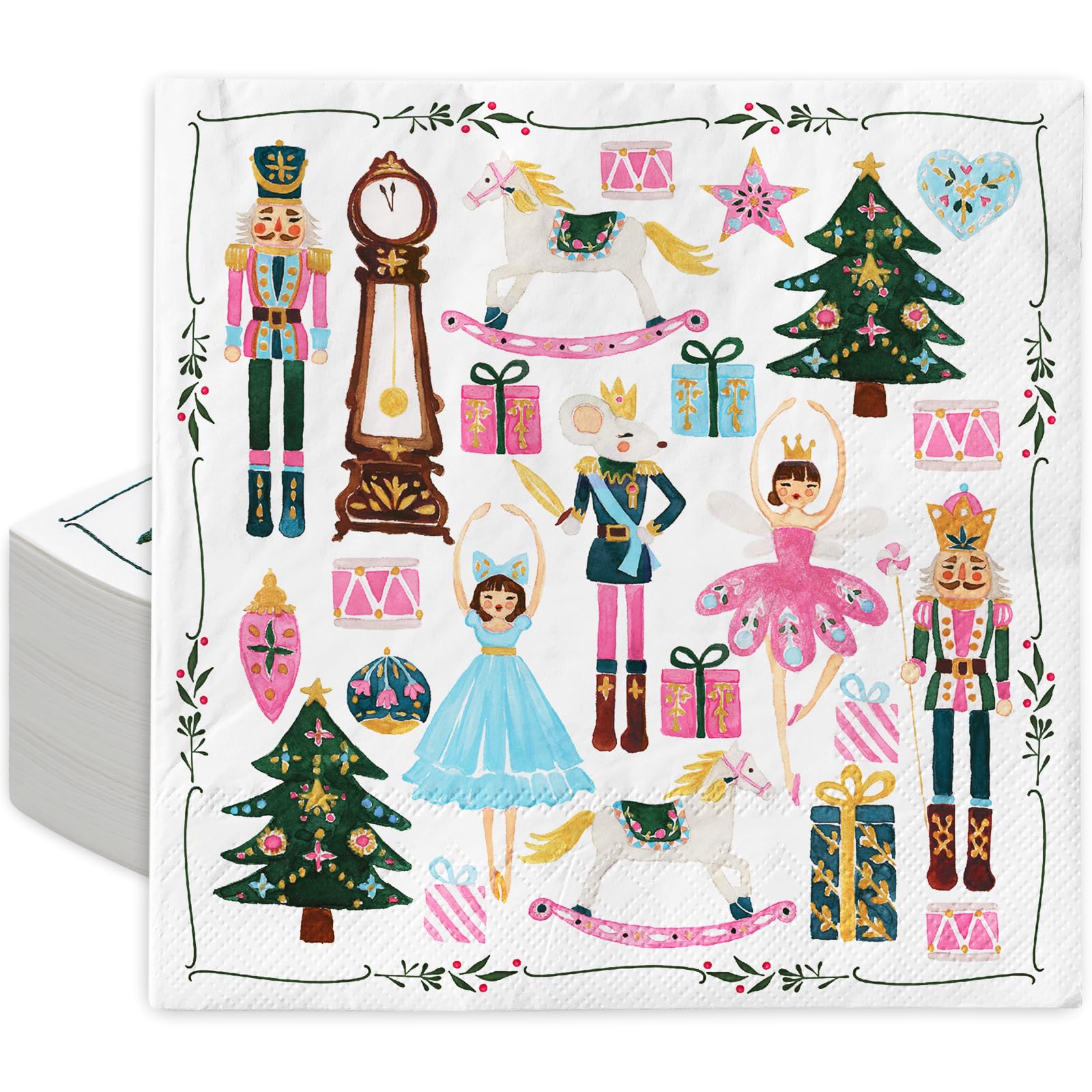 80 Pack Christmas Paper Napkins Pink Nutcracker Disposable Napkins Watercolor Luncheon Dinner Napkins for Xmas Birthday Party Supplies Table Decor,