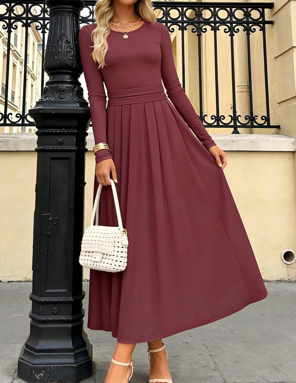 ZESICA Women's Elegant Long Sleeve Maxi Dress 2026 Spring Crewneck Knit High Waist Pleated Flowy A Line Casual Party Dresses - Image 2