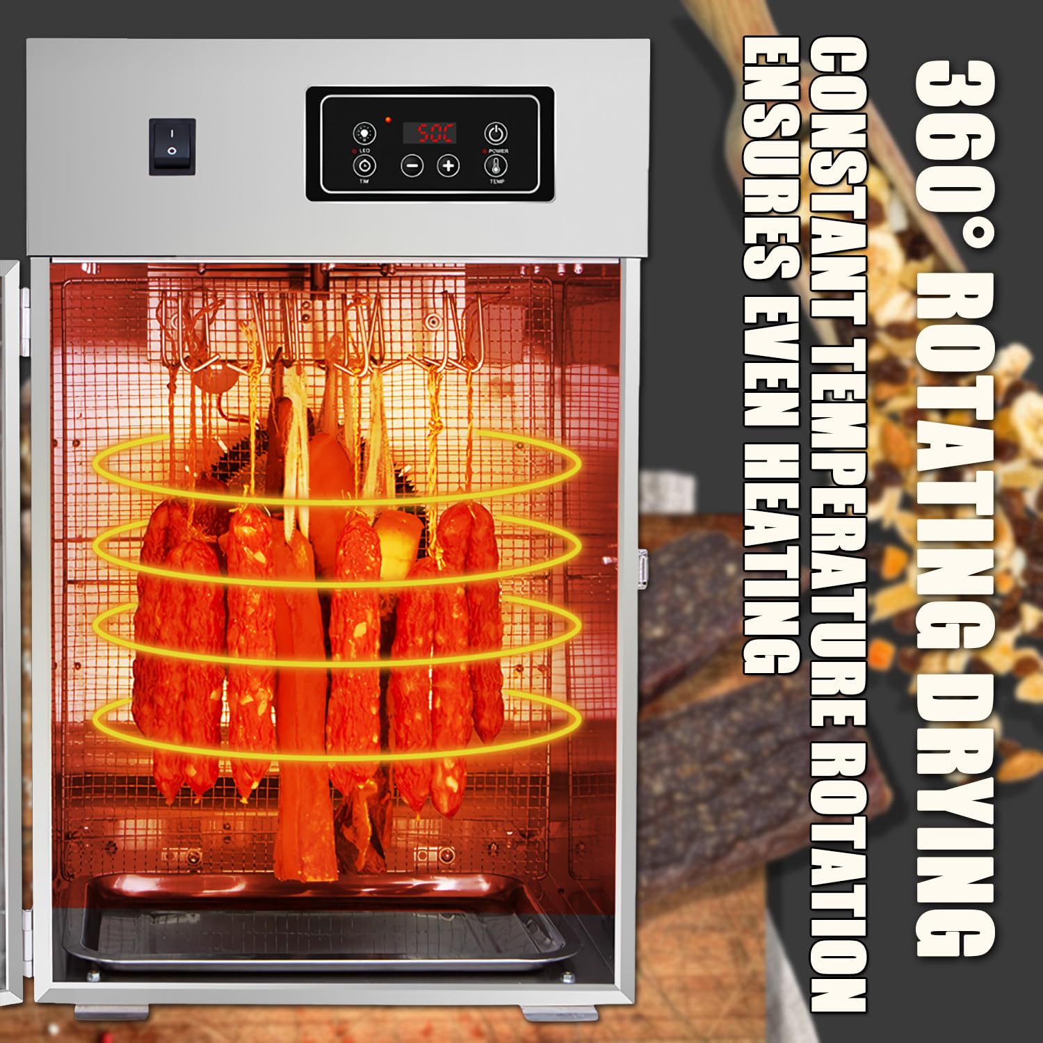 800-W-Fleischtrockner, 360°-Fleischreifeschrank, Temperaturregelung Von 0–90 °c, Mit LED-Bedienfeld Und 14 Haken, 7,5 Kg Fassungsvermögen, 24-Stunden-Timer, Für Trockenfleisch, Speck, Würstchen
