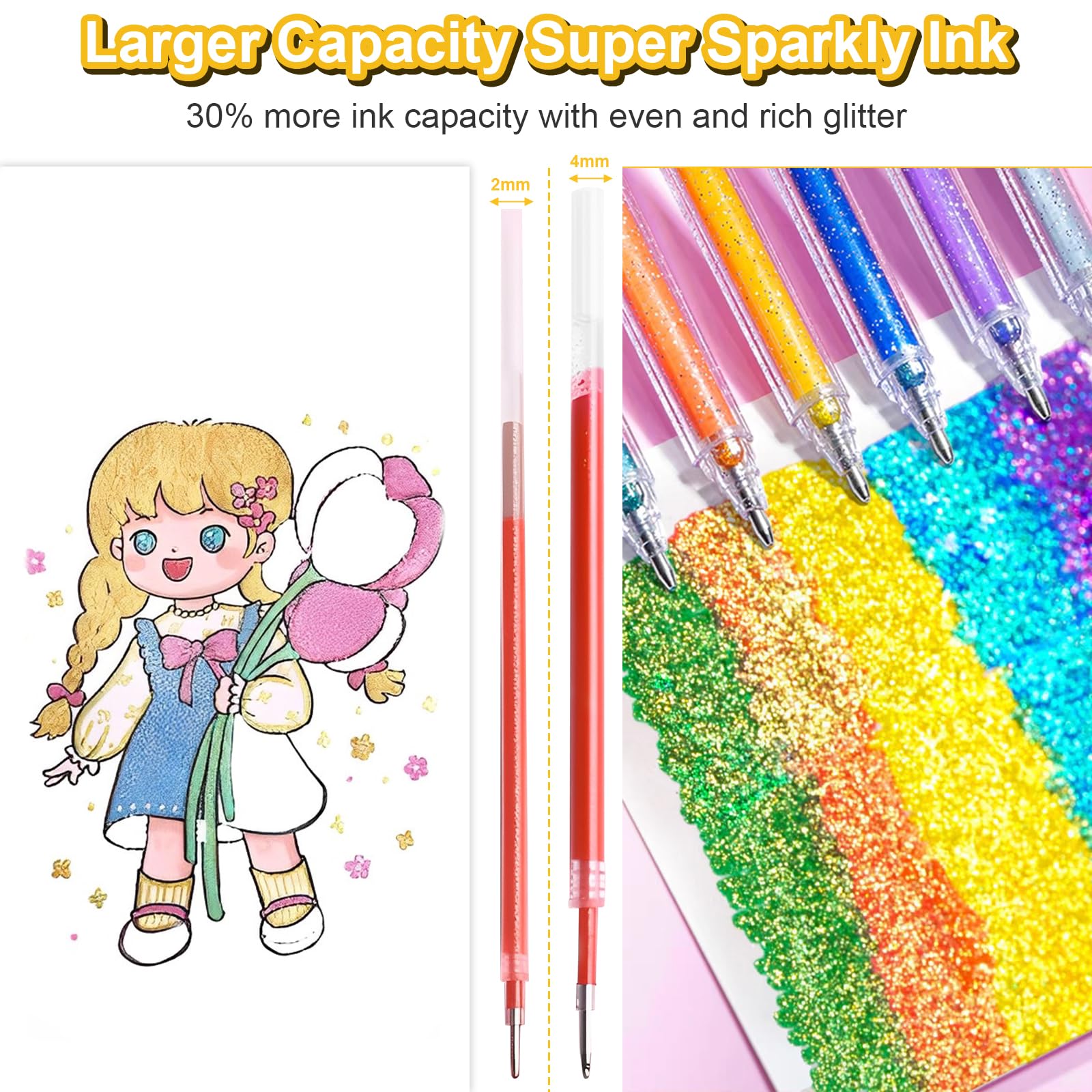 Marte Vanci Glitter Gel Pens, 24 Colour Glitter Pen Set Sparkled 1.0mm Tip Coloured Gel Pens Art