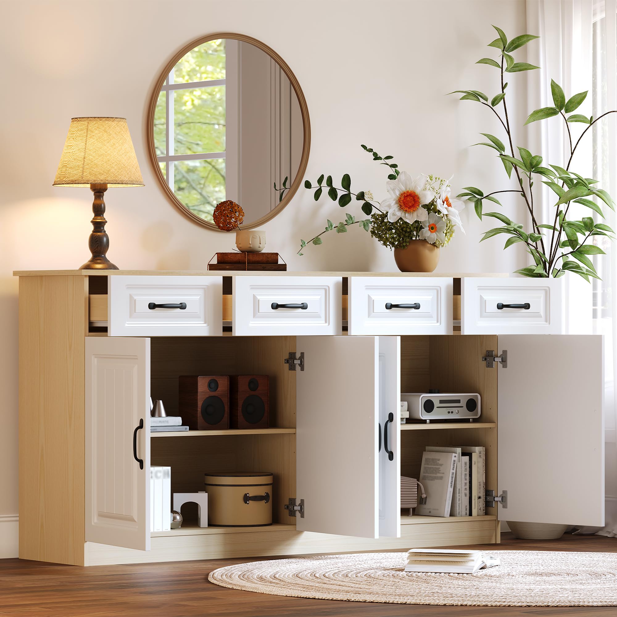 Wiuzo Sideboard,Kommode mit 4 Schubladen und 4 Türen,2 Ablageflächen,geriffeltem Design und 8 Metallgriffen,für Wohnzimmer,Schlafzimmer und Küche, 160x35x80cm,Weiß + Naturholzfarbe