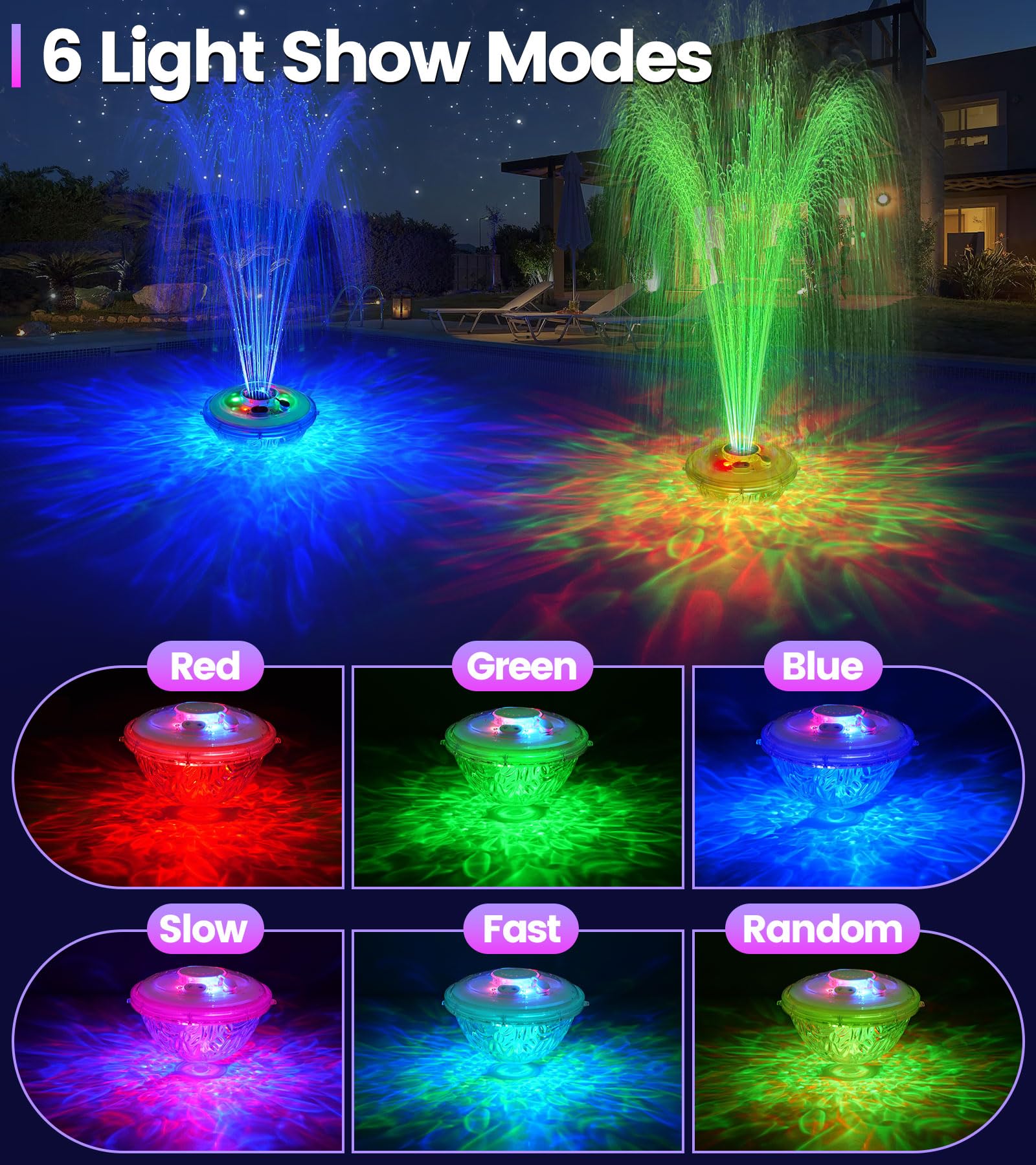 ChlorBlu Fontana Galleggiante per Piscina con Luci Subacquee LED, 6 Modalità, Pulsanti