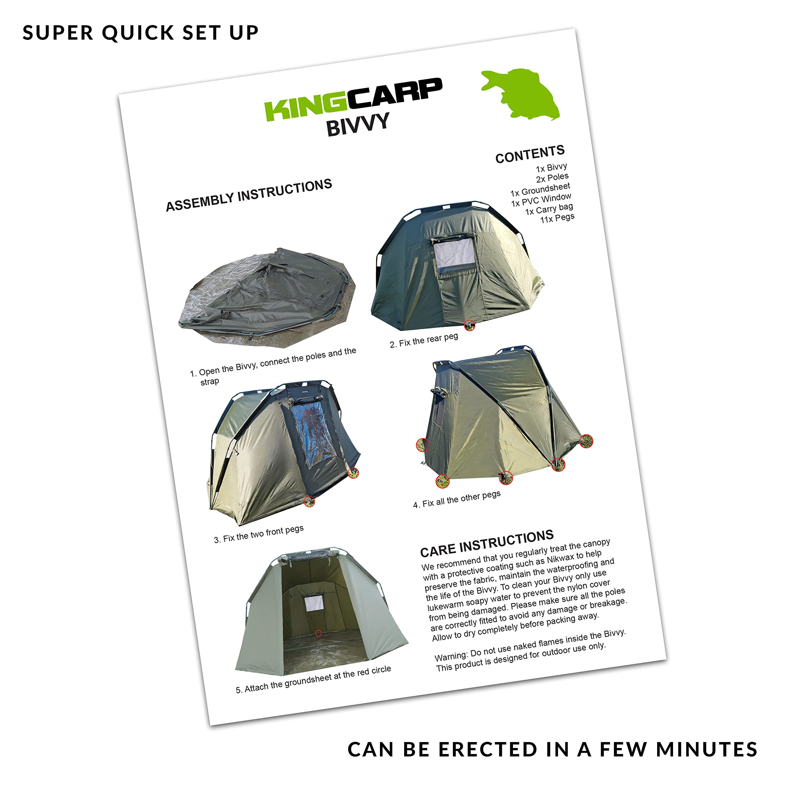 KING CARP,1 hombre Bivvy/Pesca Día Refugio Impermeable 210D Material, clavijas y bolsa de transporte [25-1711], verde