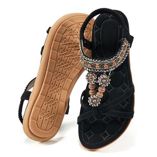 Alicegana Womens Sandals Dressy Summer: Comfortable Bohemian Flats Elastic Ankle Strap Casual Walking Women Shoes Footwear 2026