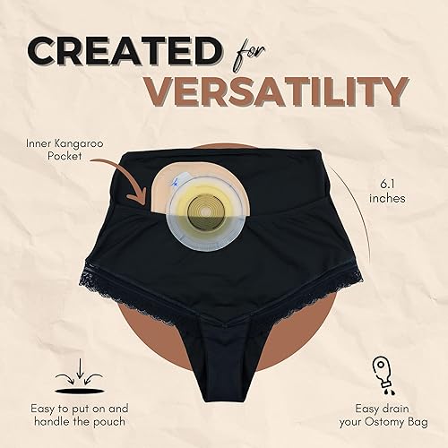 Miniatura 5 de Ostomy - Funda para mujer, ropa interior de cintura alta, color negro, bragas discretas con bolsillo interior, control de fugas, tela de secado