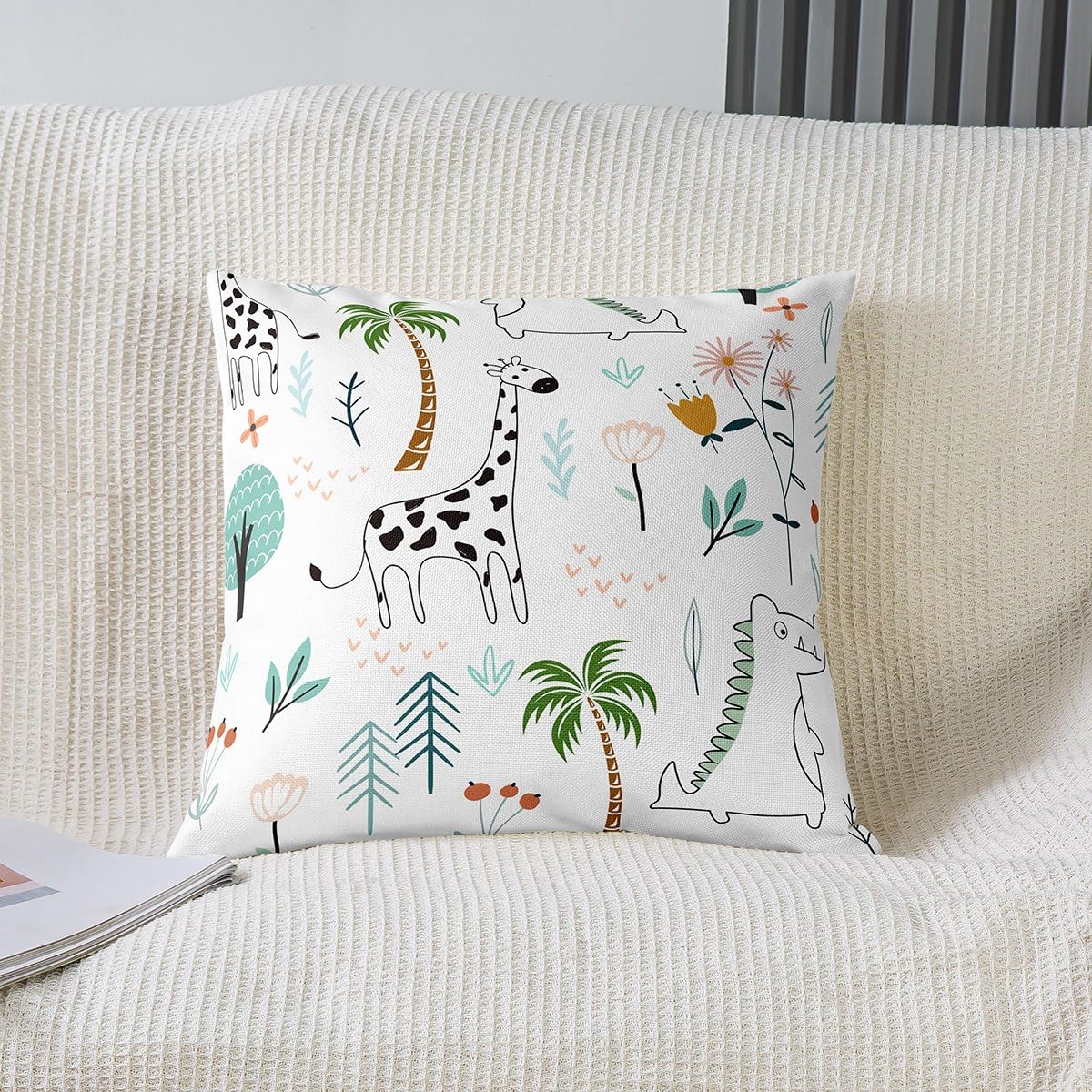 Cute Giraffee Decorative Throw Pillow Cover Kids Cartoon Dinos Animal Pillow Cover for Car Sofa Cocnut Tree Flowers Plant Home Decor Cushion Case Pillowcase 22x22,Pack of 2
