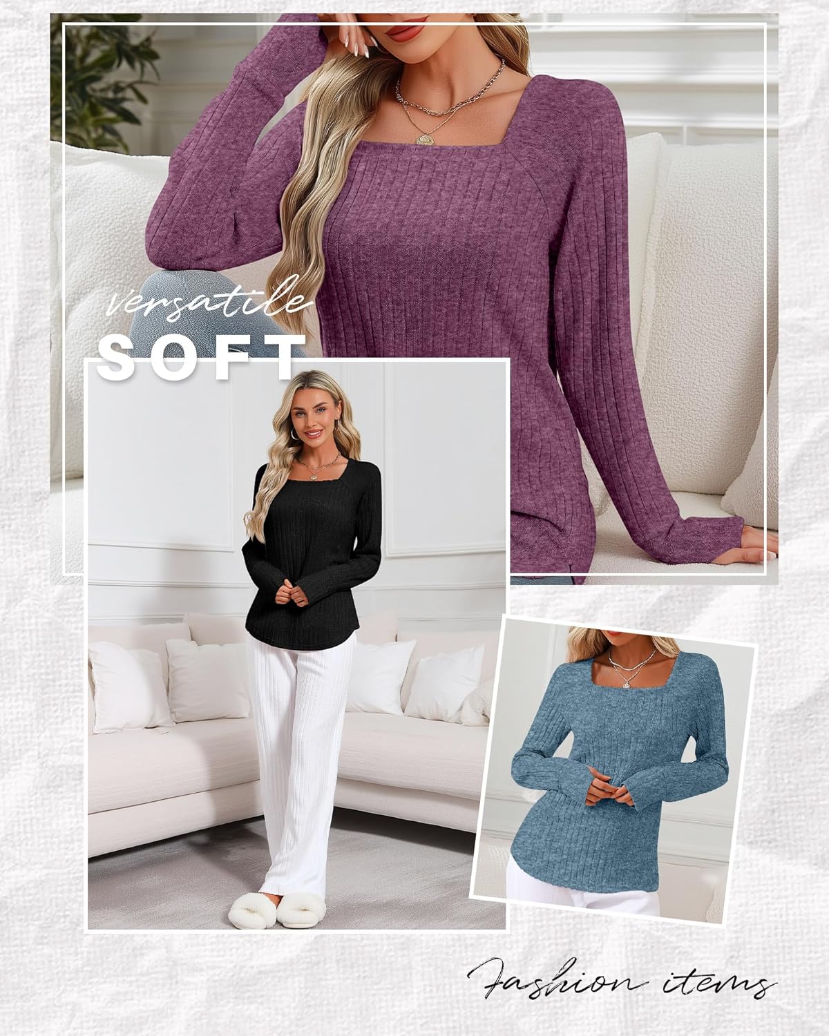 3 Pack Women's Long Sleeve Shirts, Square Neck Loose Fit Tunic Tops Fall Winter Casual Lightweight Sweaters - Image 5