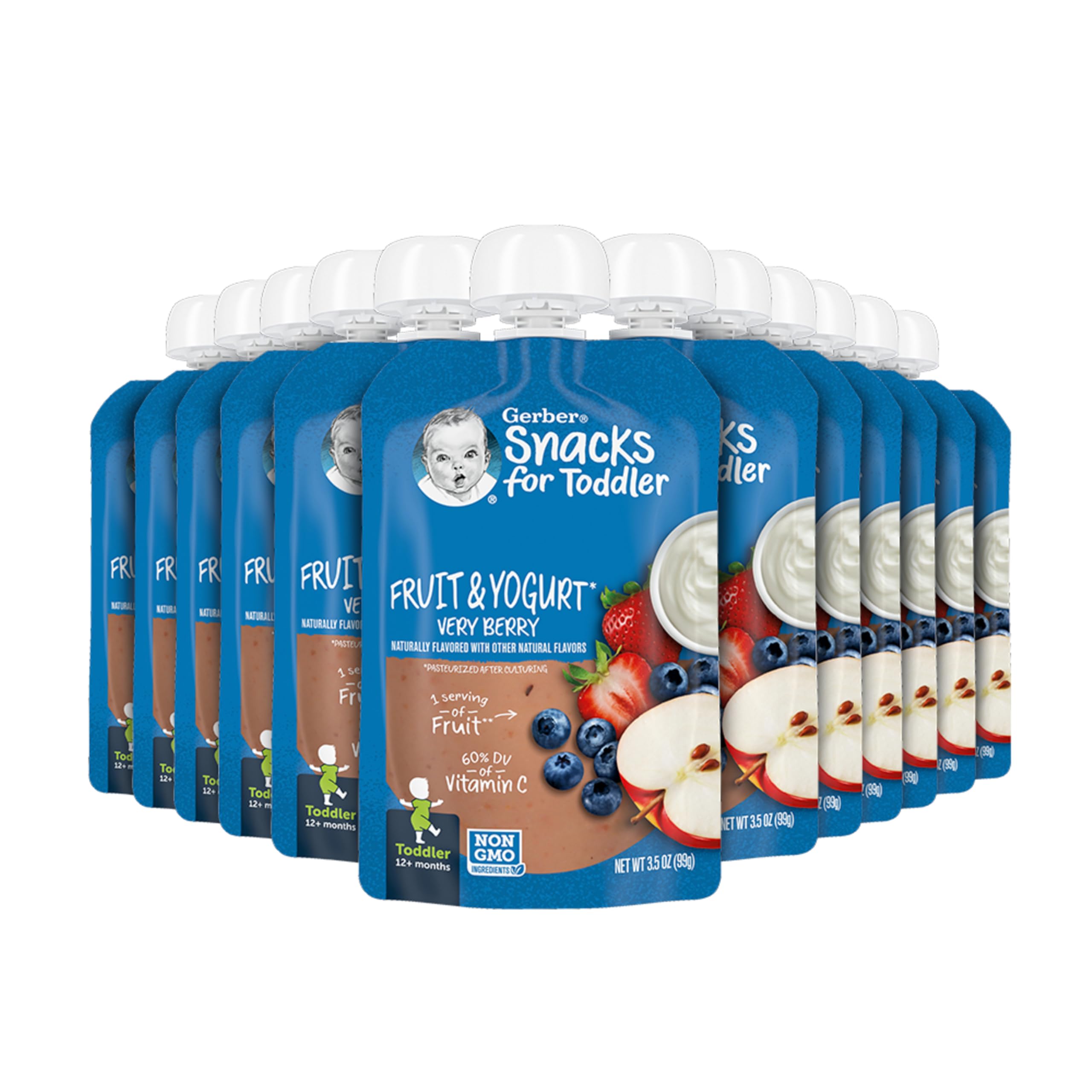 Gerber - Bolsitas de comida para bebé (12 meses), yogur de frutas, sabor a frutos rojos, 3,5 onzas, paquete de 12