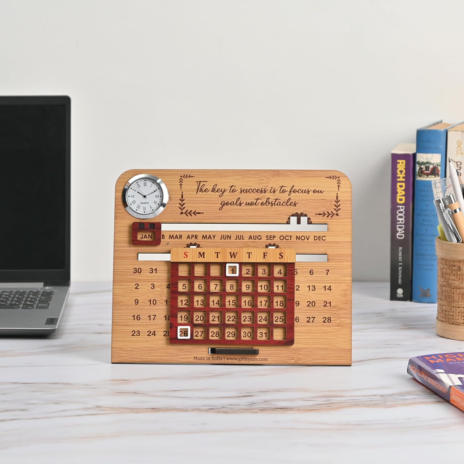 GKD Wooden Lifetime Desk Calendar with Clock | Slide Calendar for Home & Office | Reusable Perpetual Calendar 2026 with Date Highlighter, Quote & Stand | Motivational Quote (Key – Clock)