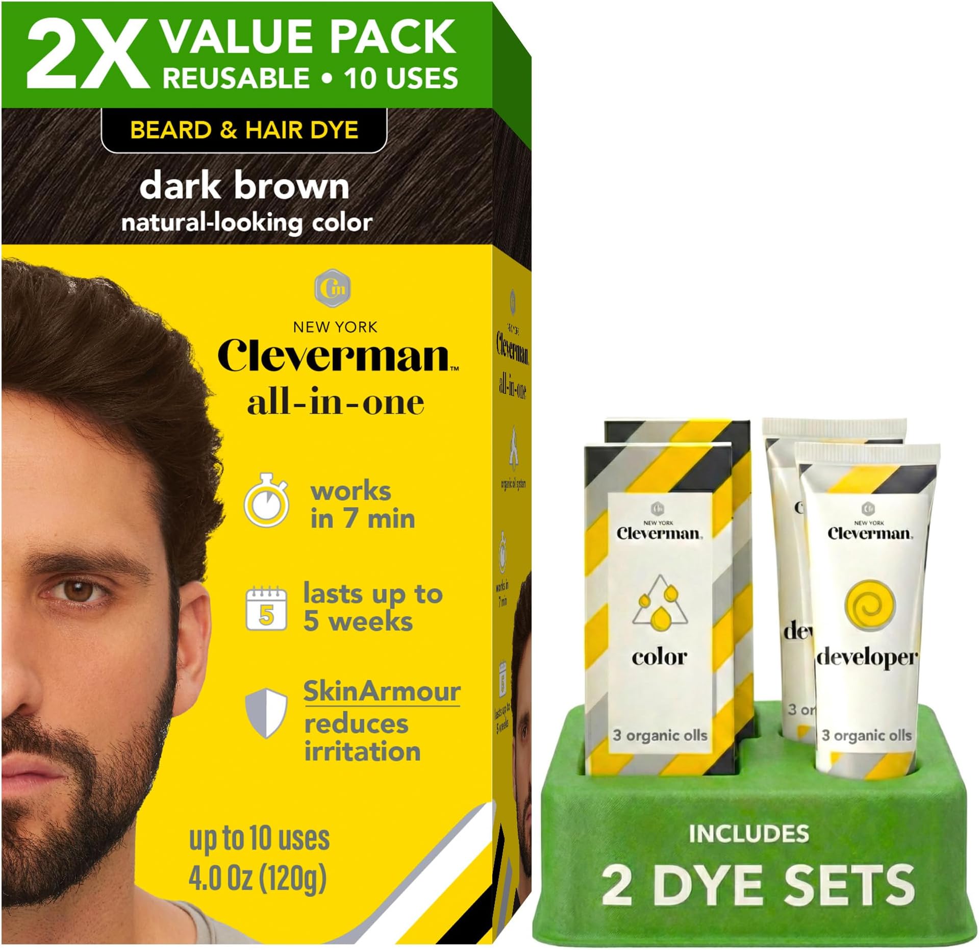 2X Reusable Hair & Beard Dye for Men – Dark Brown 3.1 | Up to 10 Uses, 7 Minutes | Natural Gray Coverage, No-Drip Cream with SkinArmour® – Cleverman