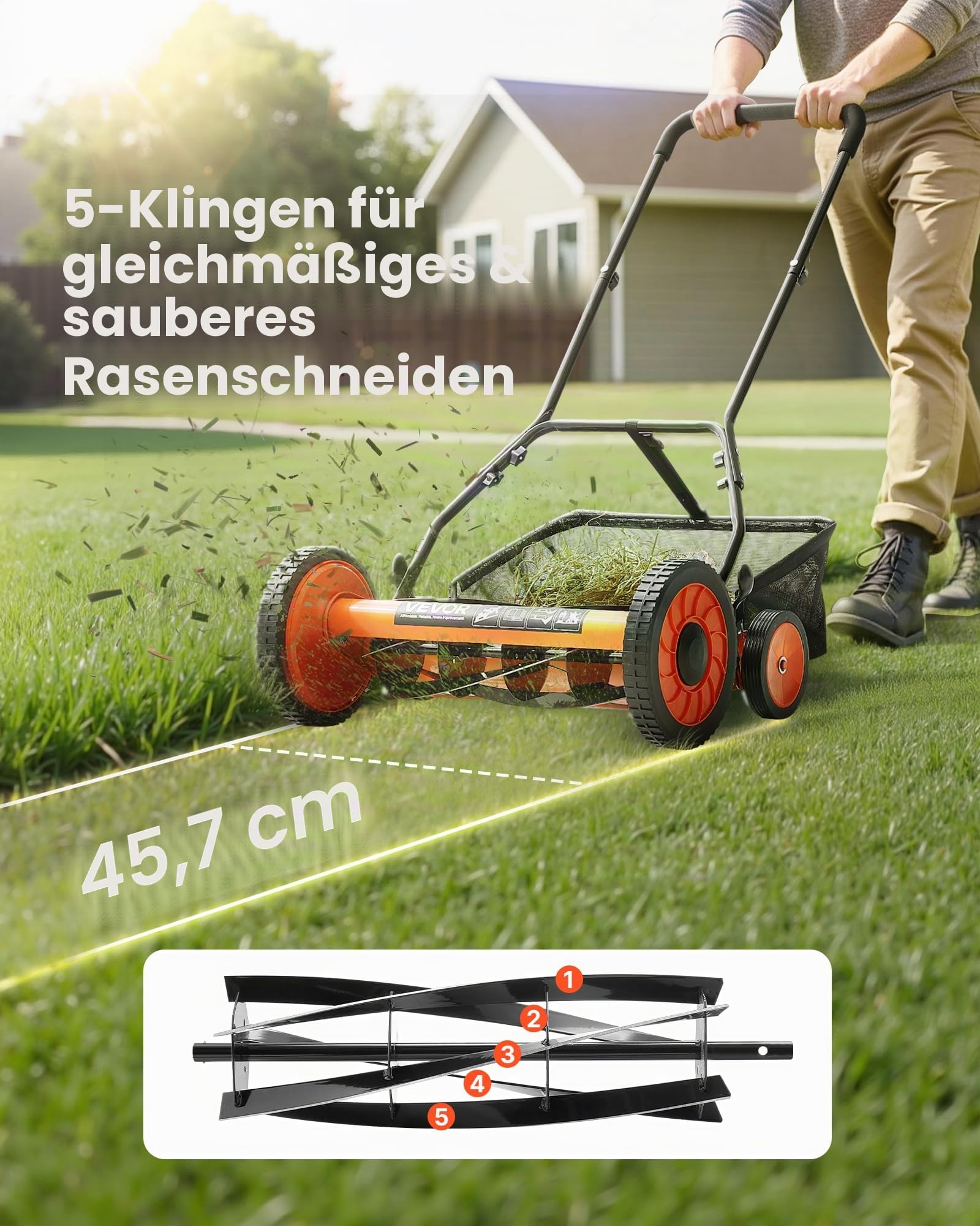 VEVOR Spindelmäher mit 450 mm Schnittbreite, Rasenmäher Schnitthöhe von 35 bis 62 mm, Handmäher mit 5 Klingen und Grasfangsack, Ideal für grüne Rasenflächen, Einfahrten, Innenhöfe