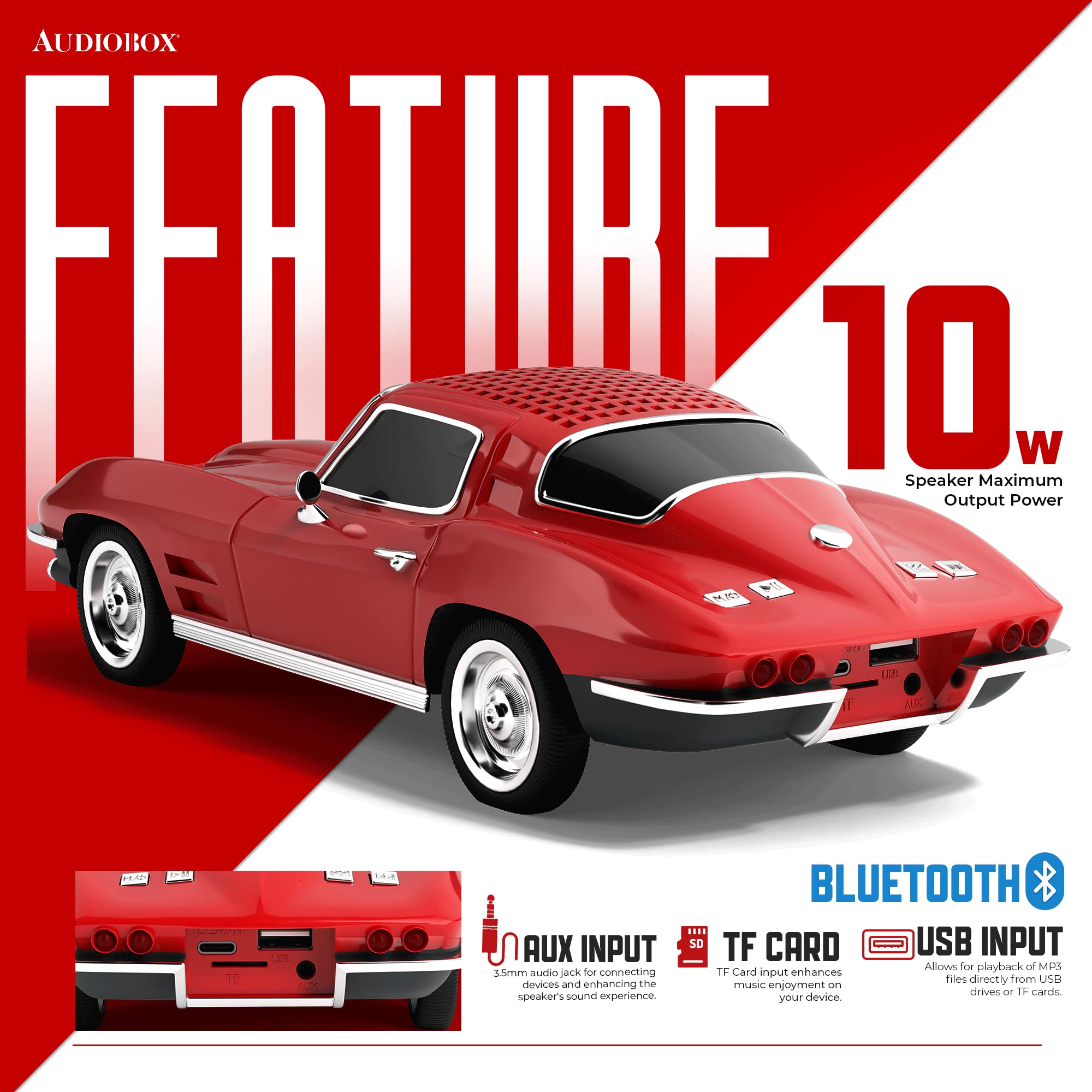 Audiobox Altoparlante Bluetooth replica auto sportiva anni '60 con luci a LED, batteria ricaricabile e ruote mobili