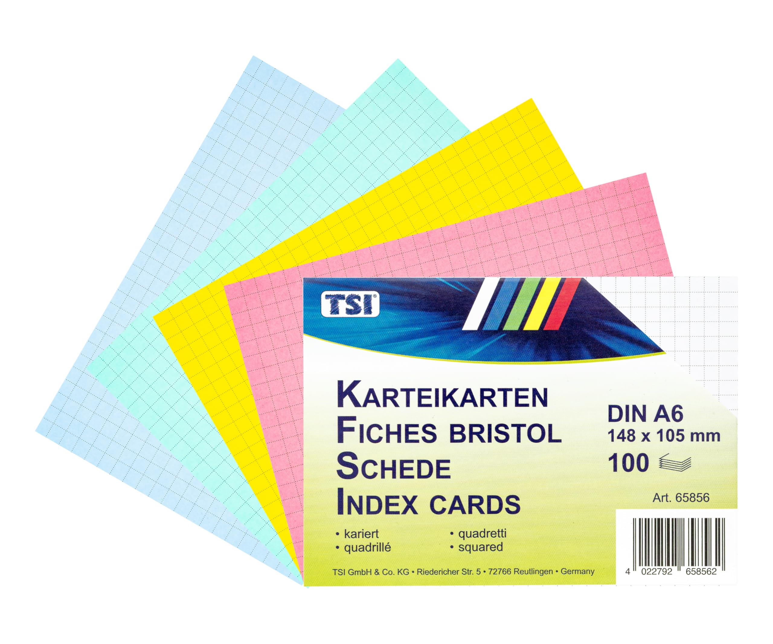 TSI Fiszki A6 posortowane pod względem koloru, opakowanie 100 sztuk, w kratkę, wymiary: DIN A6 (148 x 105 mm), nr art. 65856