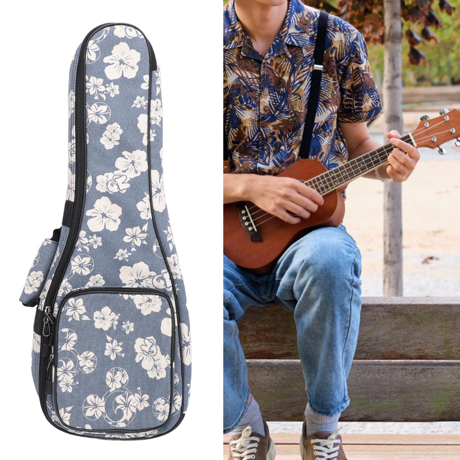 SEAFRONT Custodia per Ukulele Zaino Portaoggetti Tracolla Regolabile Borsa Imbottita per Ukulele con Motivo Floreale di Ibisco Hawaiano (26 pollici)