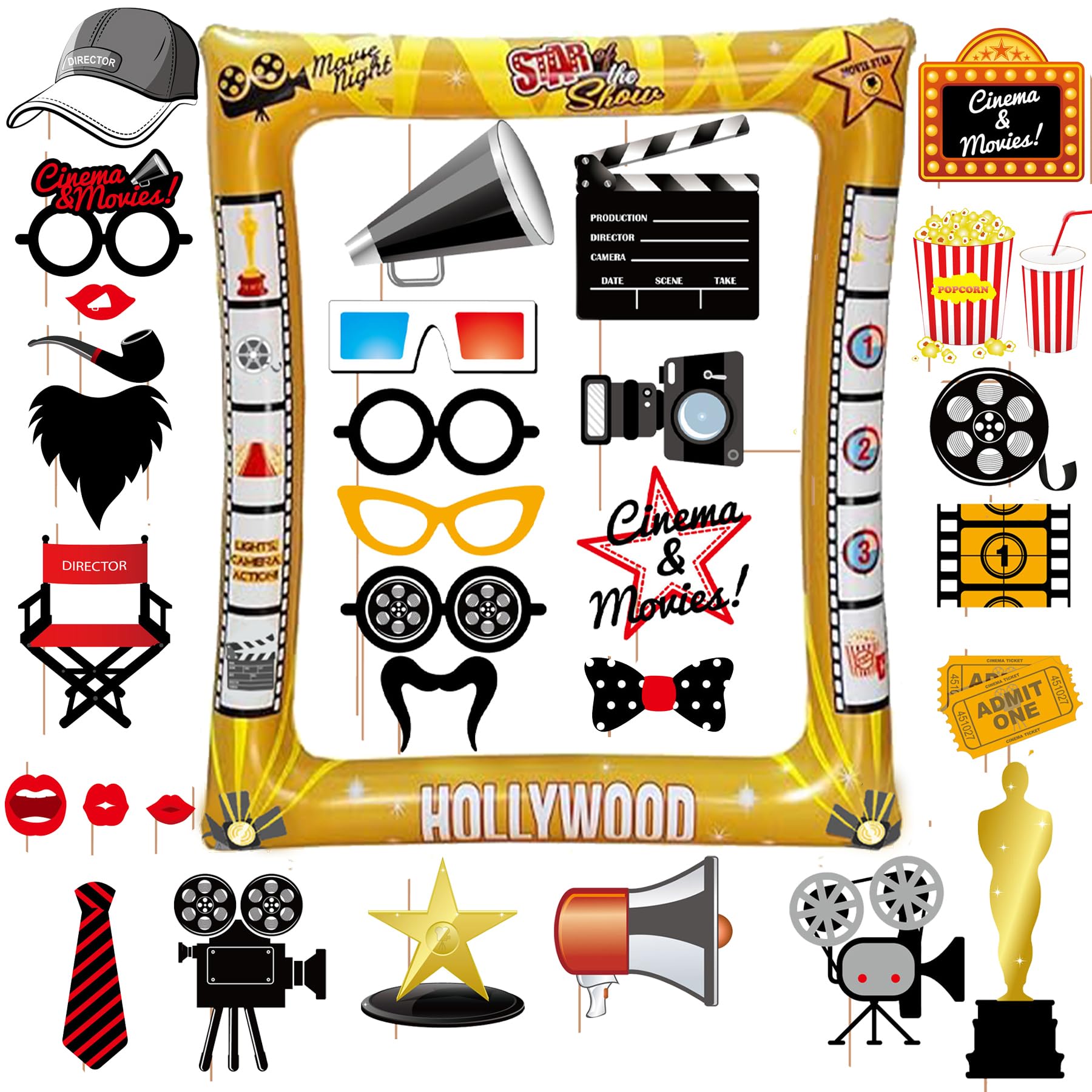 Hollywood Party Decorations - 32pcs Movie Night Accessories, Movie Props, Oscars Party Decorations, Hollywood Theme Photobooth Props Photo Inflatable Frame, Photobooth Party Props Birthday