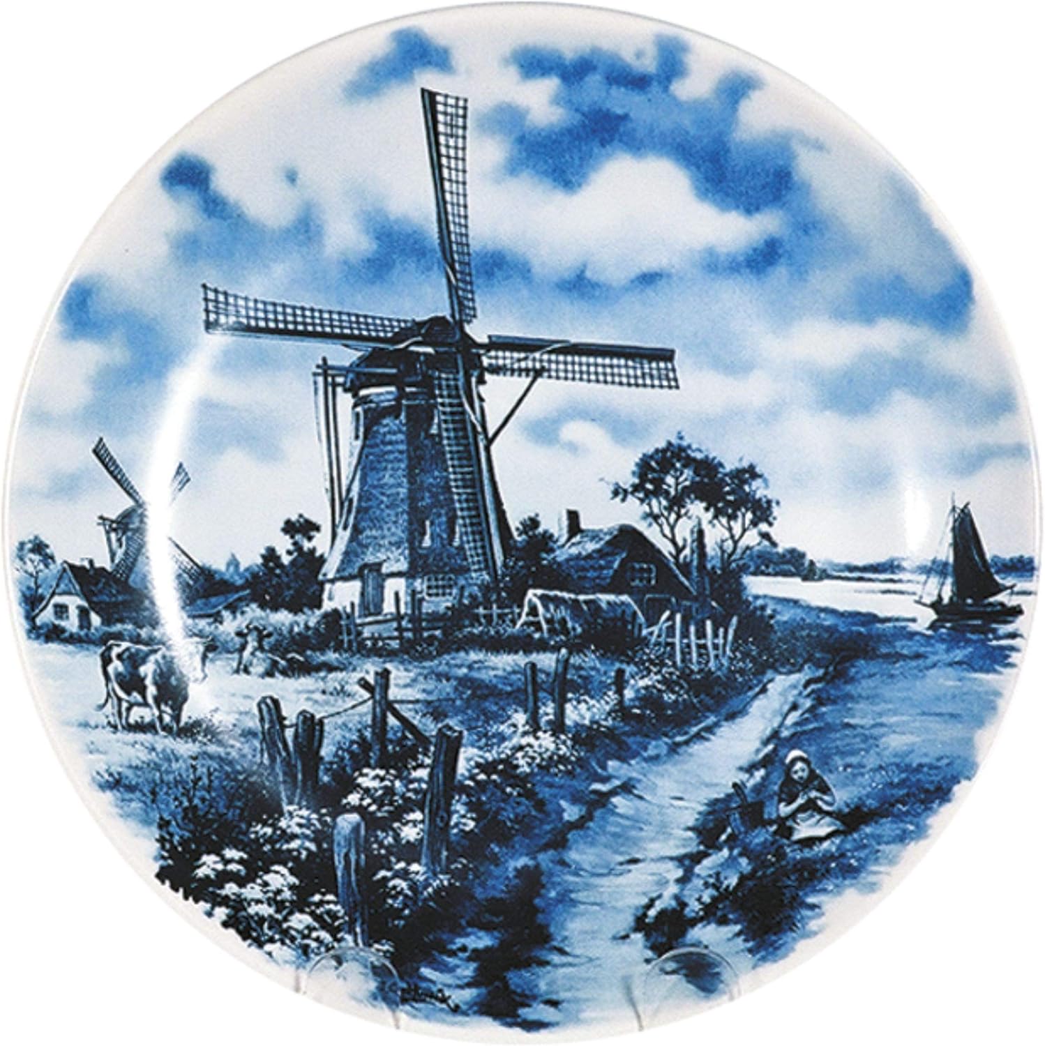 Essence of Europe Gifts Collectible Dutch Gift J.C Van Hunnik Windmill and Cow Scene Decorative Blue 7" Ceramic Plate | DutchGiftOutlet