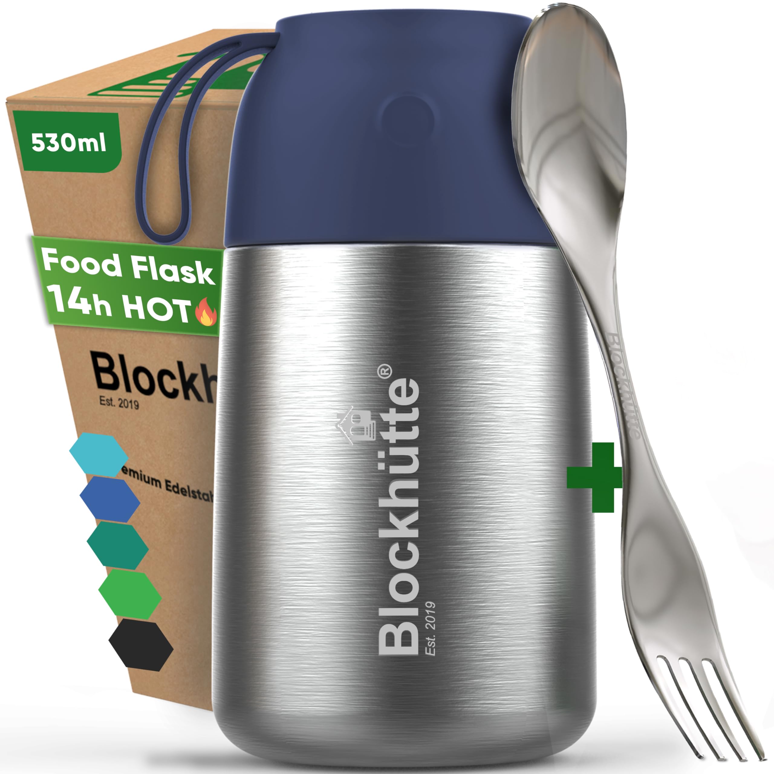 Blockhütte Food Flasks for Hot Food Kids 530ml Stainless Steel | Soup Flask incl Spoon & Fork | Vacuum Insulated Thermal Lunch Box 14h Hot Meals, BPA Free Hot Food Container – Blue